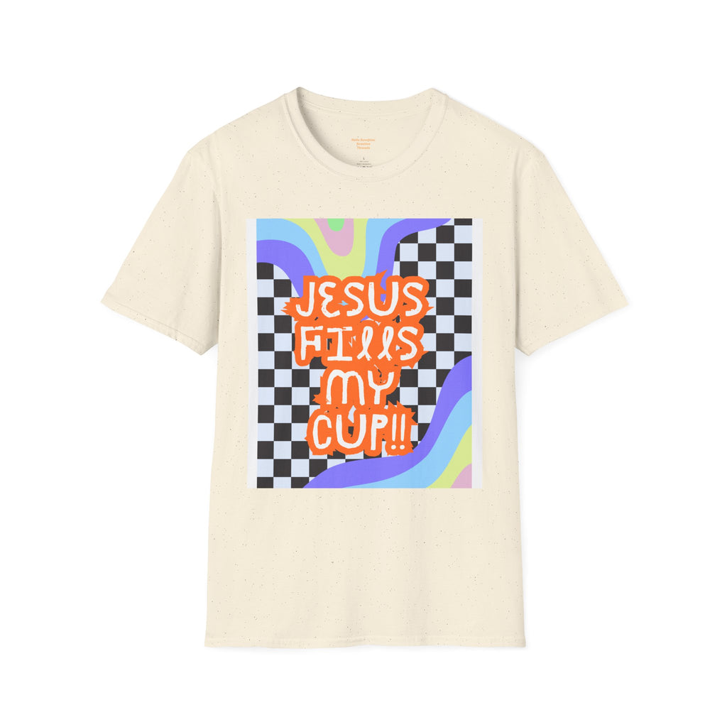 T-Shirt — "Jesus Fills My Cup" Retro Checkerboard Faith Tee
