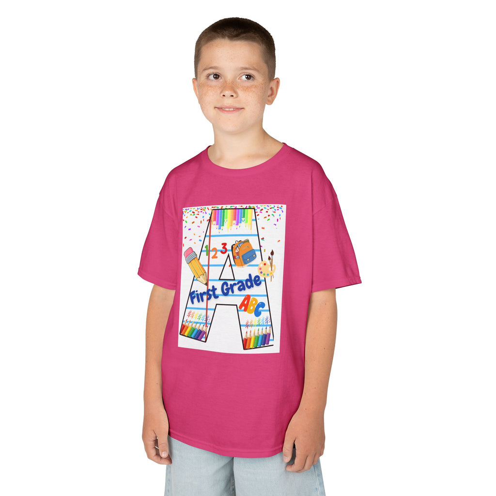 First Grade Kids Tee — Back to School A Monogram T-Shirt with Pencils & ABCs