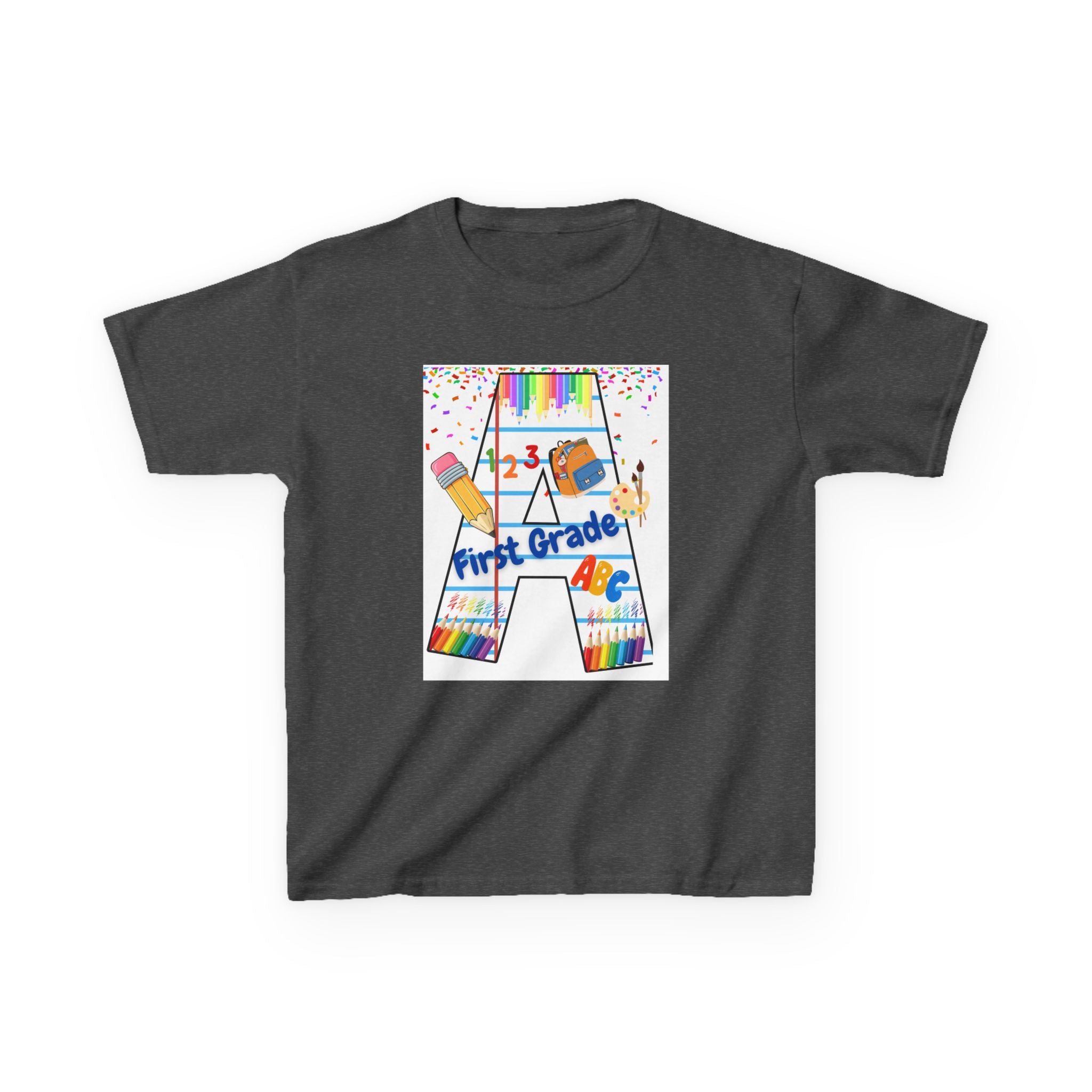 First Grade Kids Tee — Back to School A Monogram T-Shirt with Pencils & ABCs