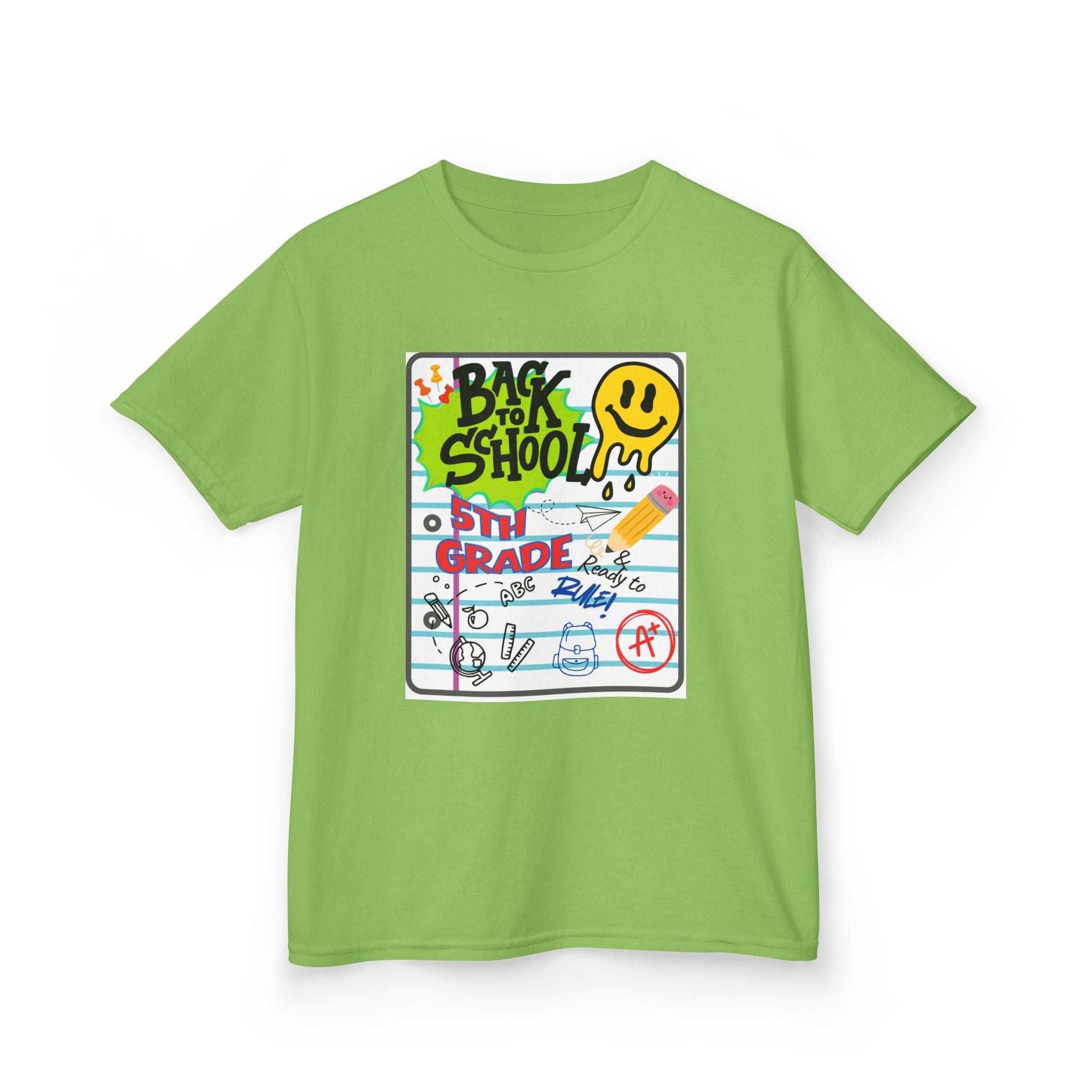 Kids "Back to School" Notebook Graphic Tee – 5th Grade Smiley Doodle Shirt