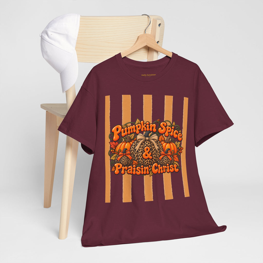 Pumpkin Spice & Praisin' Christ Tee — Fall Christian Pumpkin Graphic T-Shirt