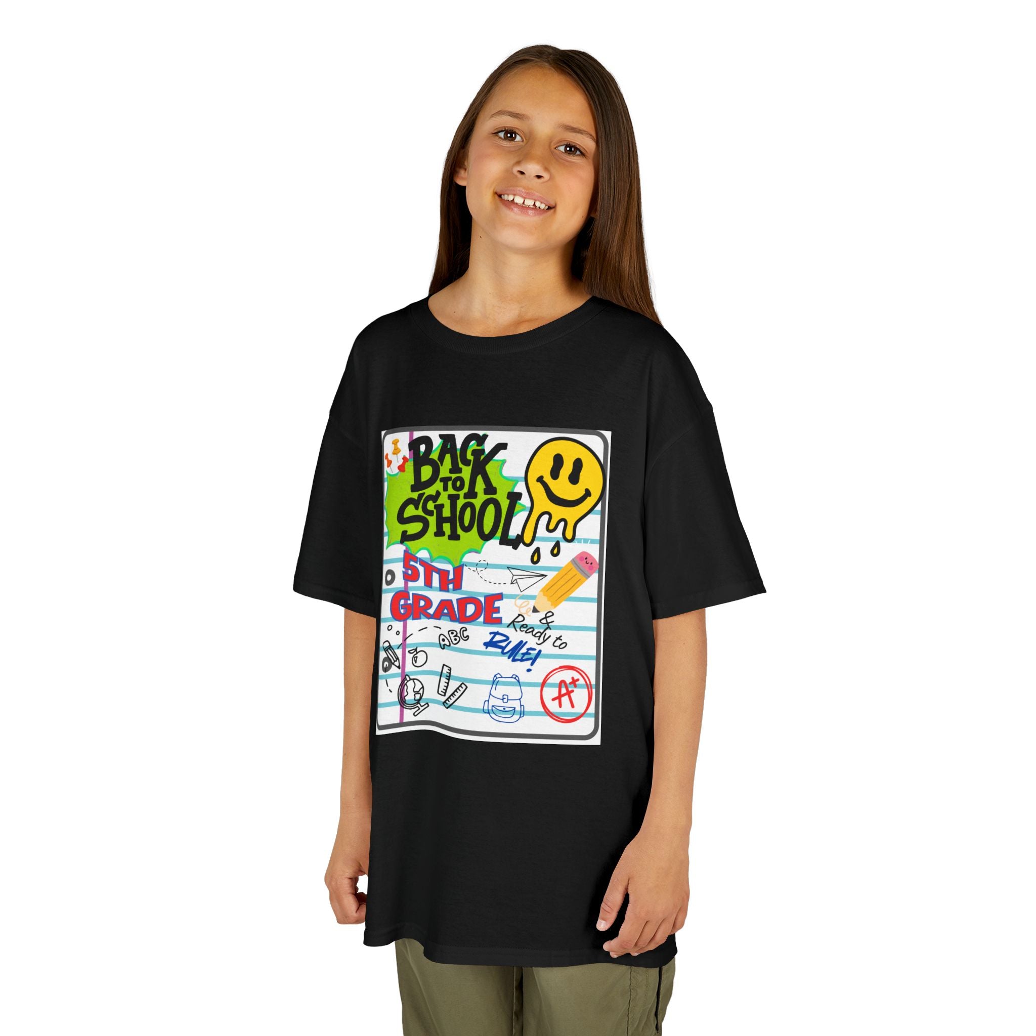 Kids "Back to School" Notebook Graphic Tee – 5th Grade Smiley Doodle Shirt