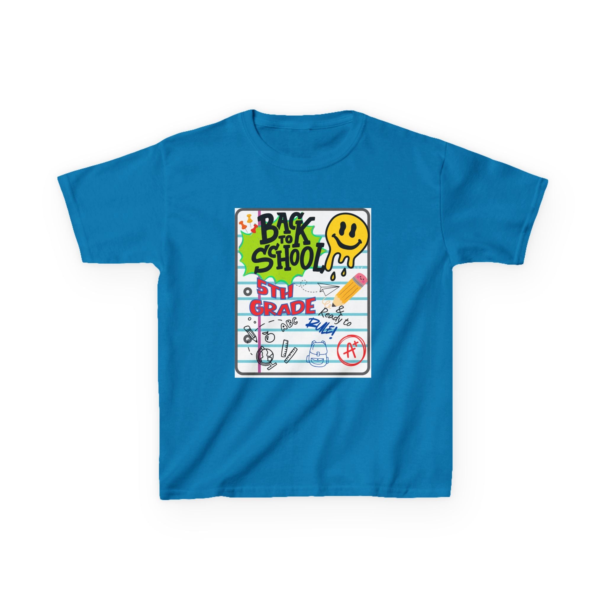 Kids "Back to School" Notebook Graphic Tee – 5th Grade Smiley Doodle Shirt