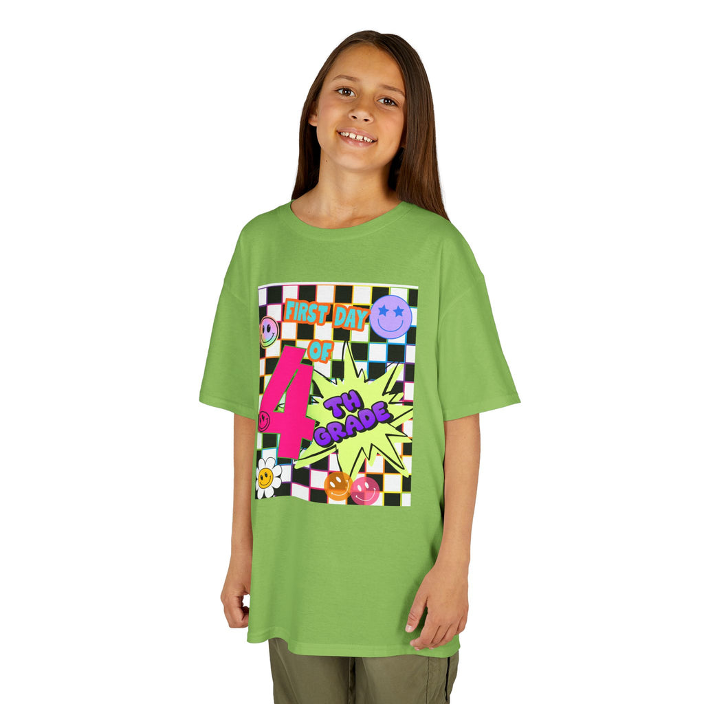 Kids 4th Grade First Day T-Shirt — Retro Checkerboard Neon Design