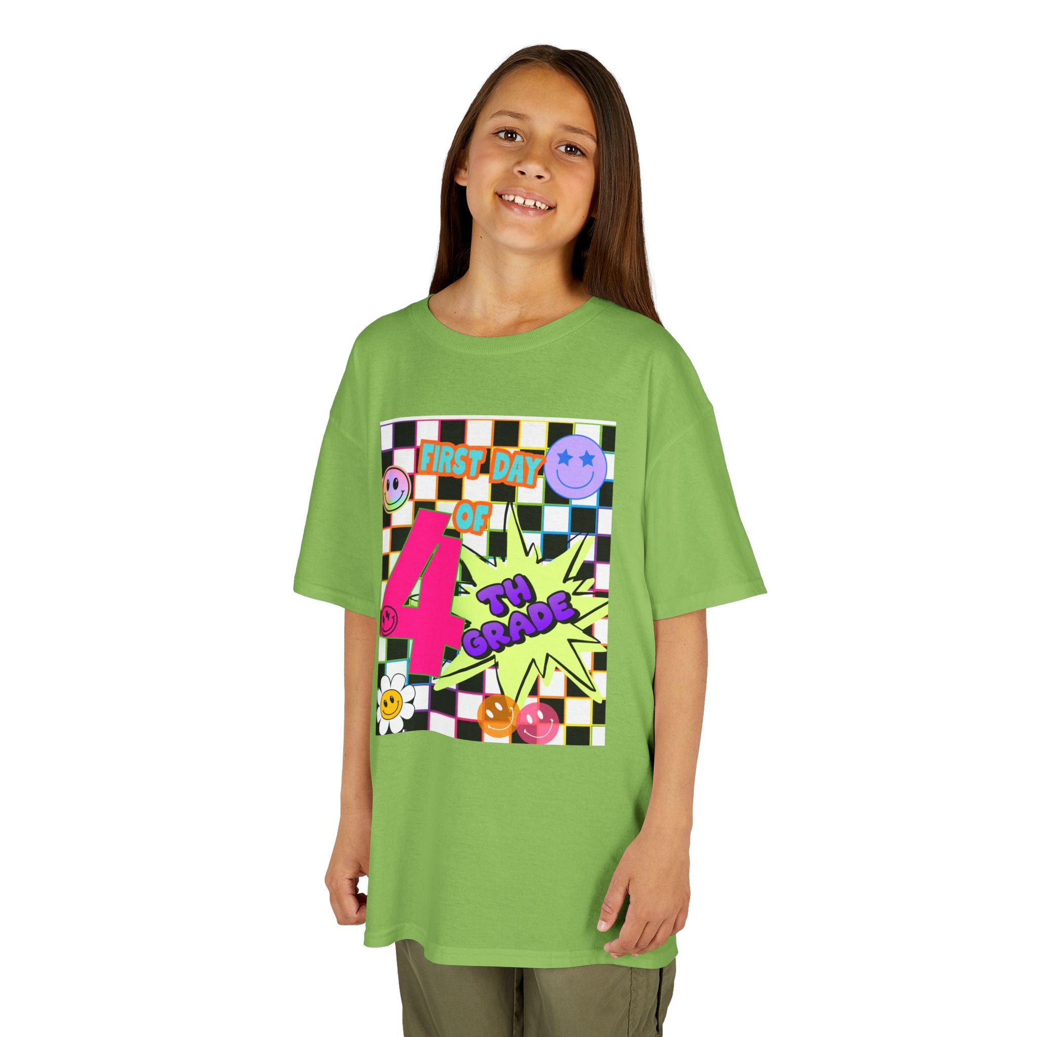 Kids 4th Grade First Day T-Shirt — Retro Checkerboard Neon Design