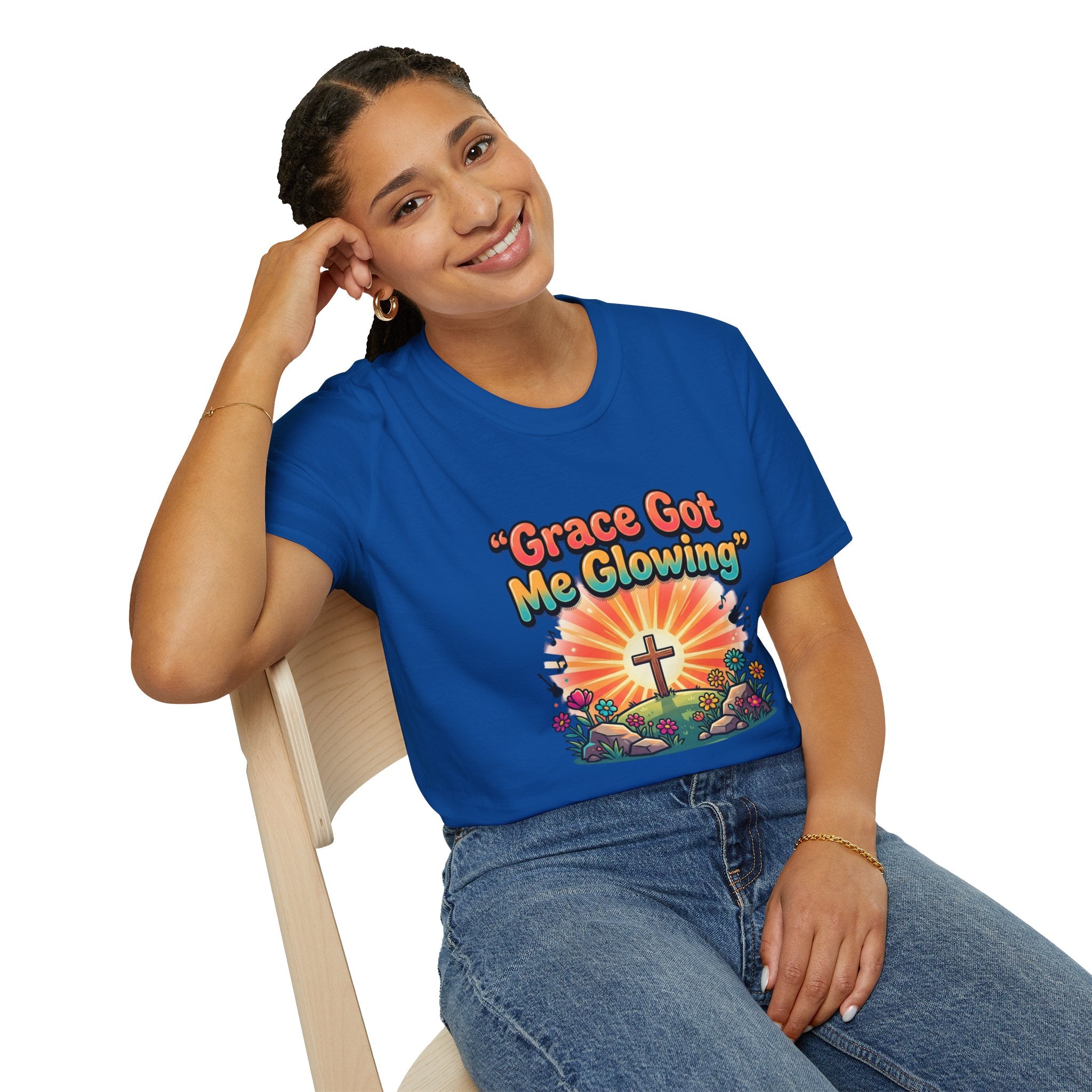 T-Shirt — "Grace Got Me Glowing" Christian Retro Sunrise Faith Tee