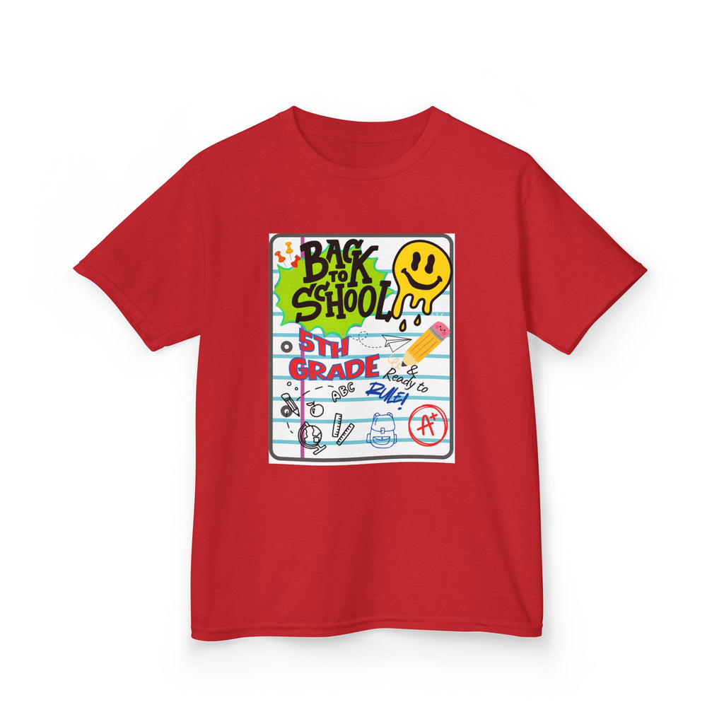 Kids "Back to School" Notebook Graphic Tee – 5th Grade Smiley Doodle Shirt