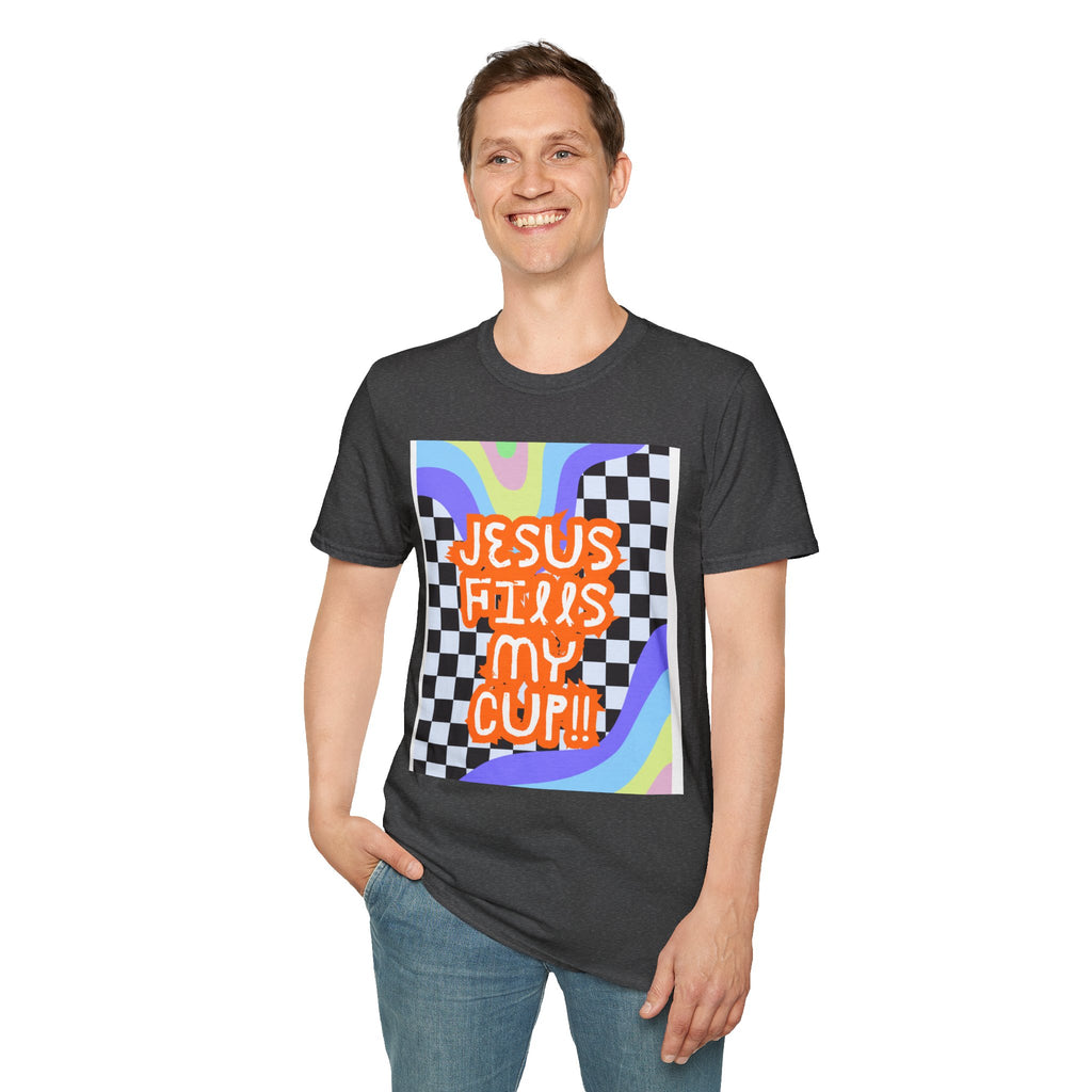 T-Shirt — "Jesus Fills My Cup" Retro Checkerboard Faith Tee