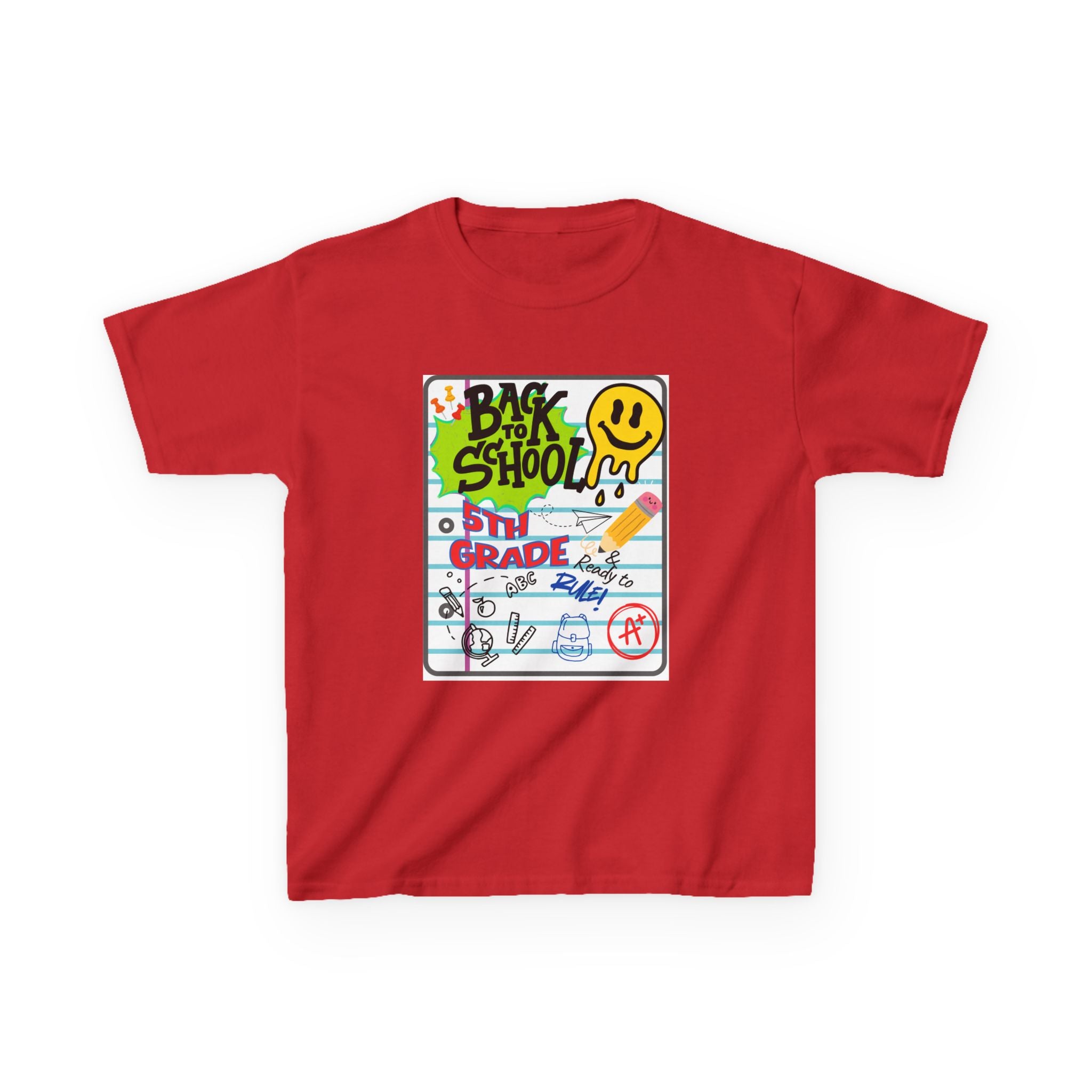 Kids "Back to School" Notebook Graphic Tee – 5th Grade Smiley Doodle Shirt