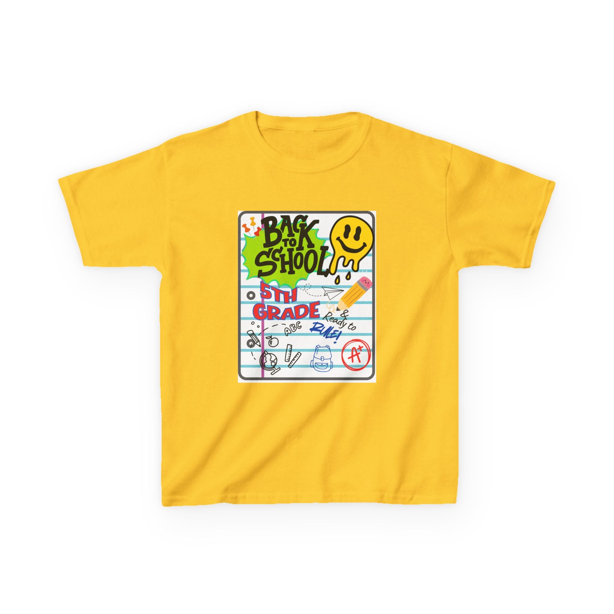 Kids "Back to School" Notebook Graphic Tee – 5th Grade Smiley Doodle Shirt