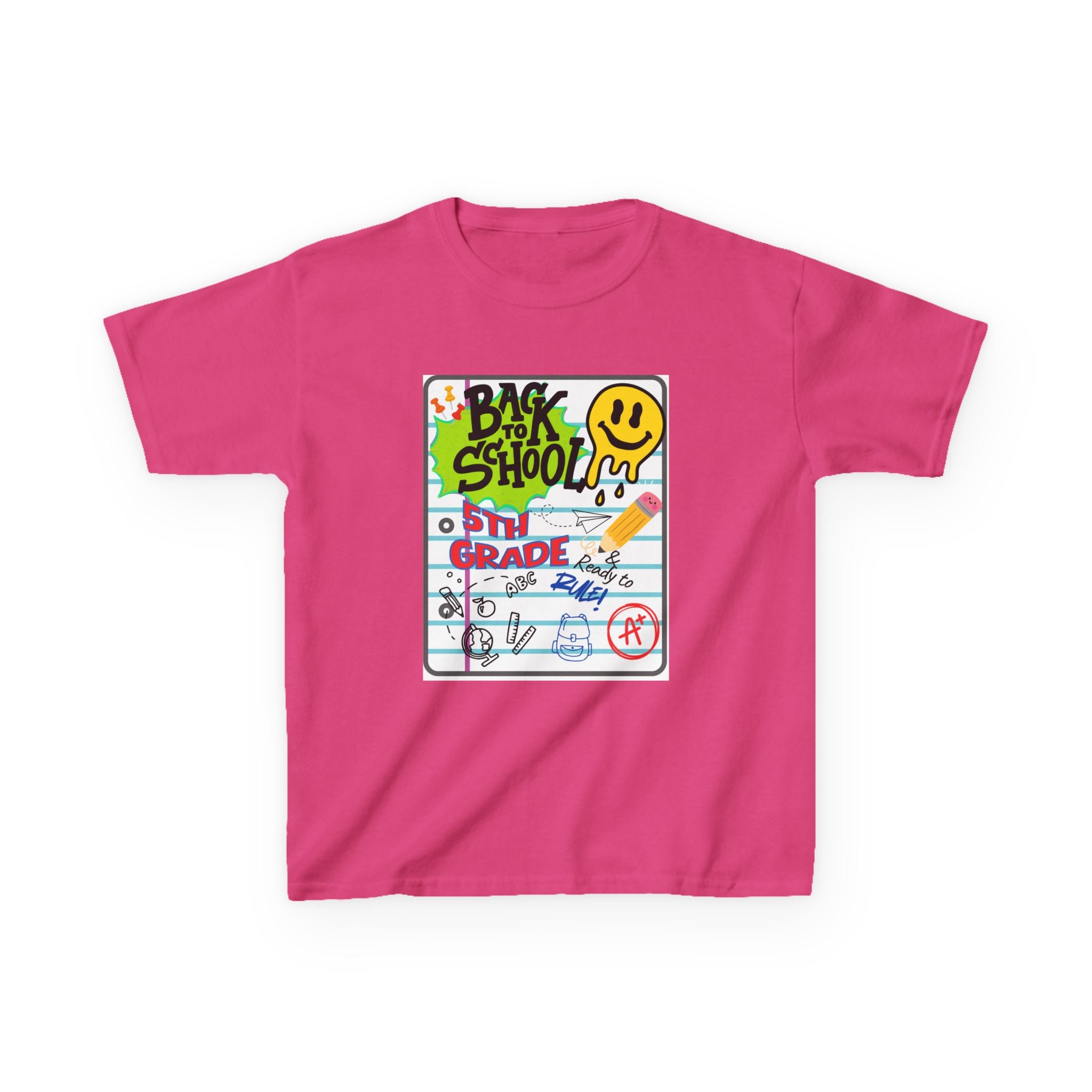 Kids "Back to School" Notebook Graphic Tee – 5th Grade Smiley Doodle Shirt