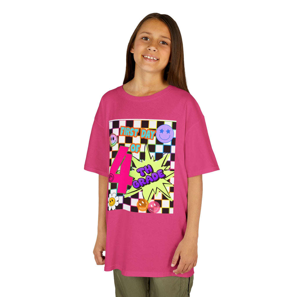 Kids 4th Grade First Day T-Shirt — Retro Checkerboard Neon Design