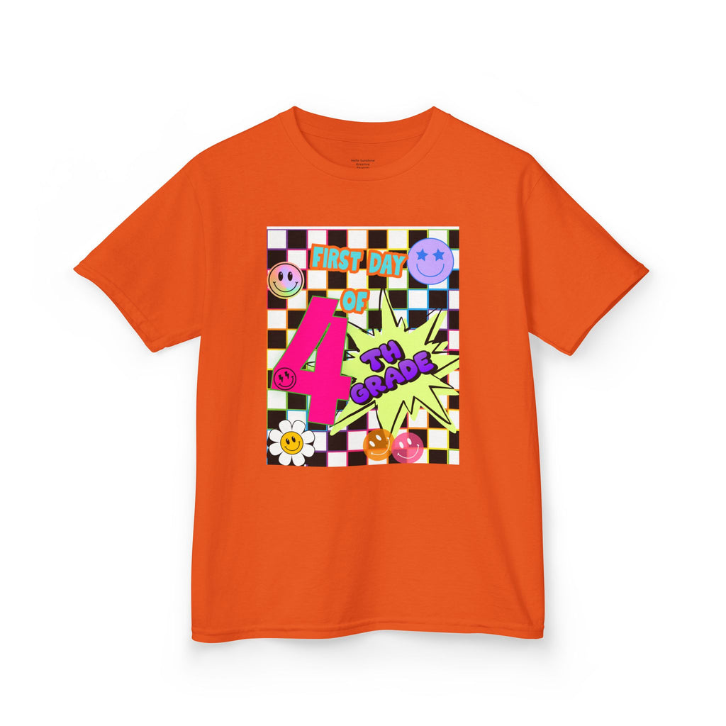 Kids 4th Grade First Day T-Shirt — Retro Checkerboard Neon Design