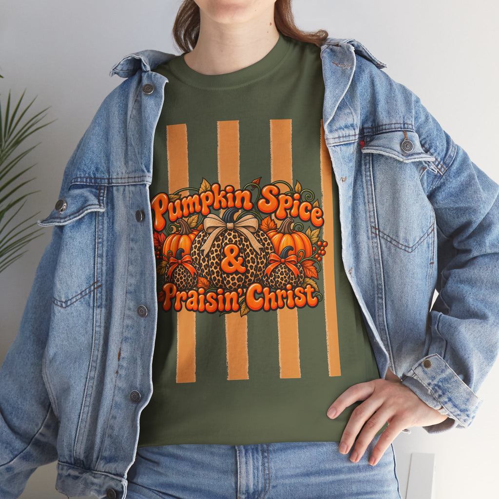 Pumpkin Spice & Praisin' Christ Tee — Fall Christian Pumpkin Graphic T-Shirt