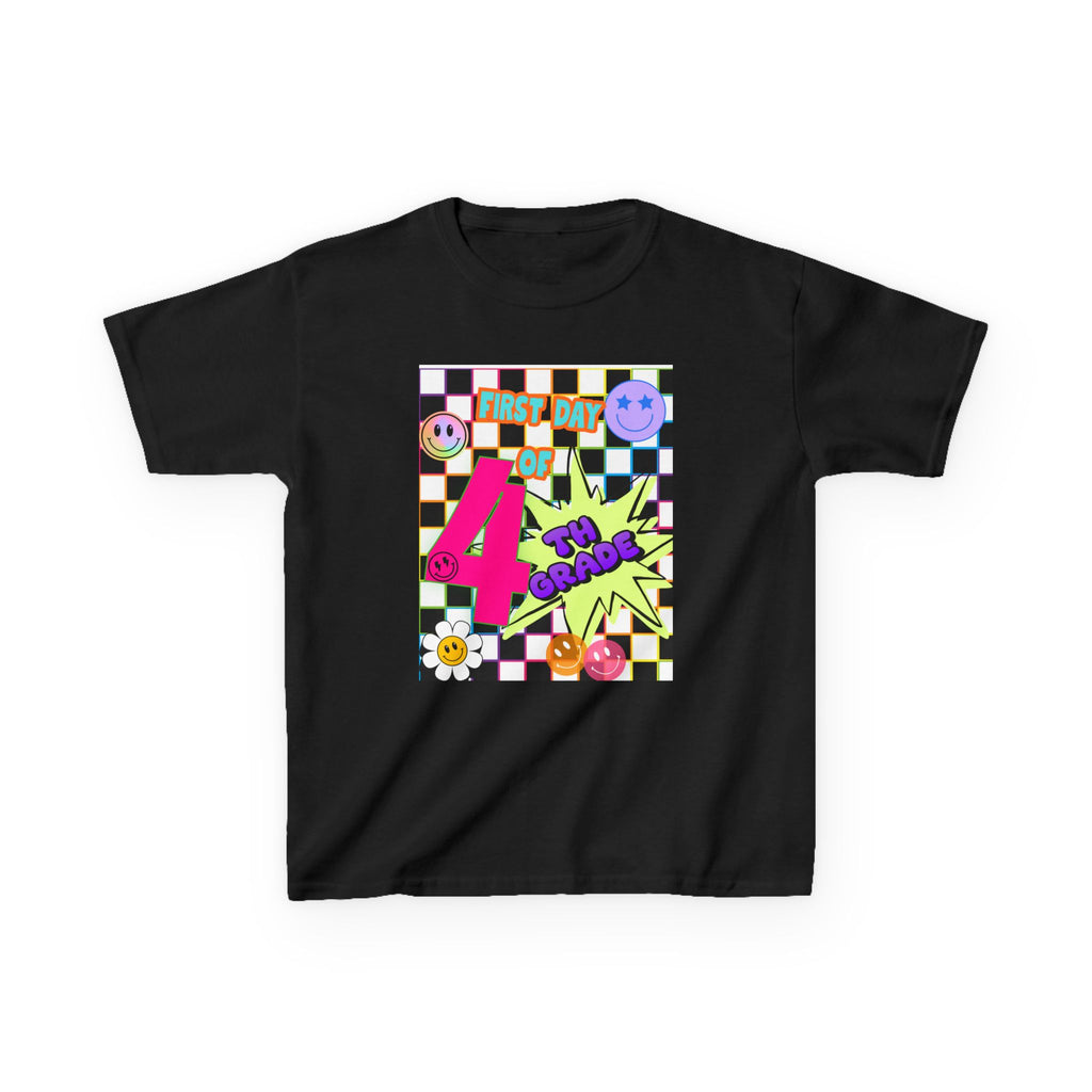 Kids 4th Grade First Day T-Shirt — Retro Checkerboard Neon Design