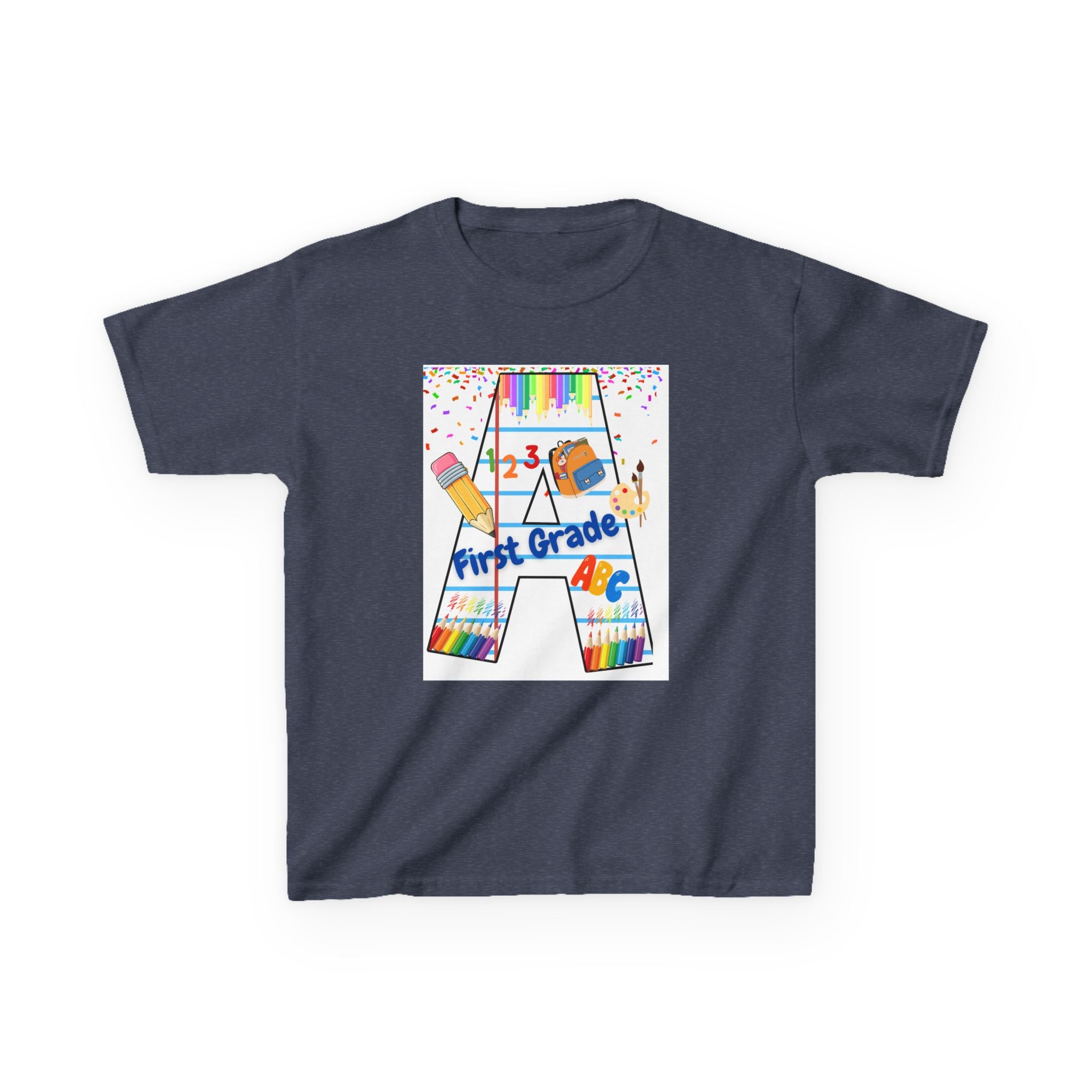 First Grade Kids Tee — Back to School A Monogram T-Shirt with Pencils & ABCs