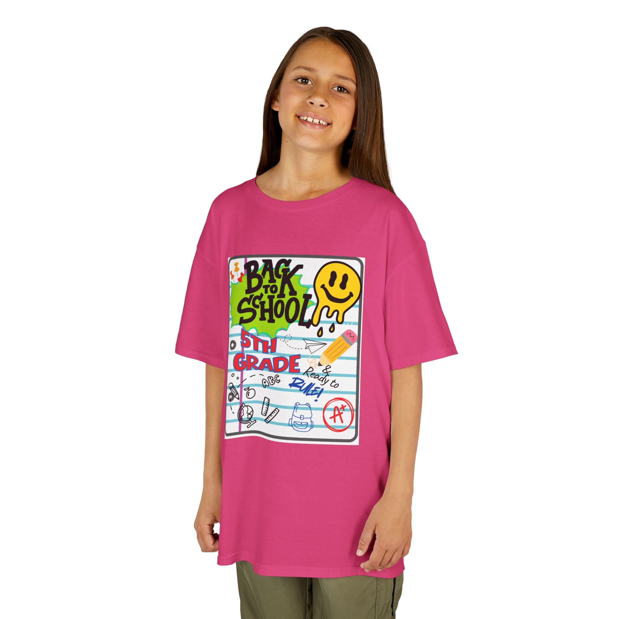 Kids "Back to School" Notebook Graphic Tee – 5th Grade Smiley Doodle Shirt