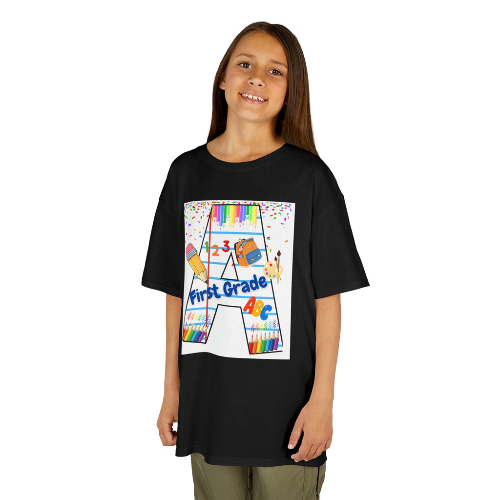 First Grade Kids Tee — Back to School A Monogram T-Shirt with Pencils & ABCs