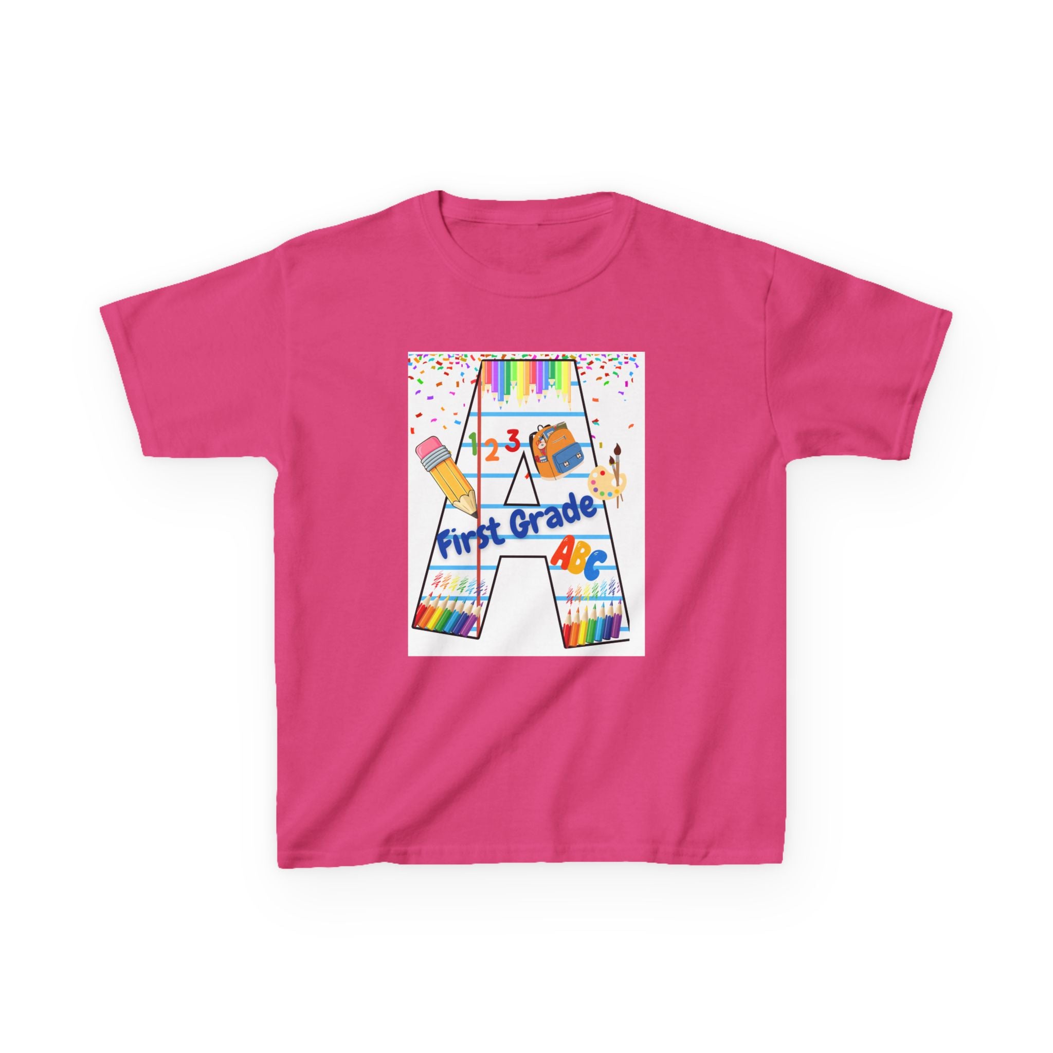 First Grade Kids Tee — Back to School A Monogram T-Shirt with Pencils & ABCs