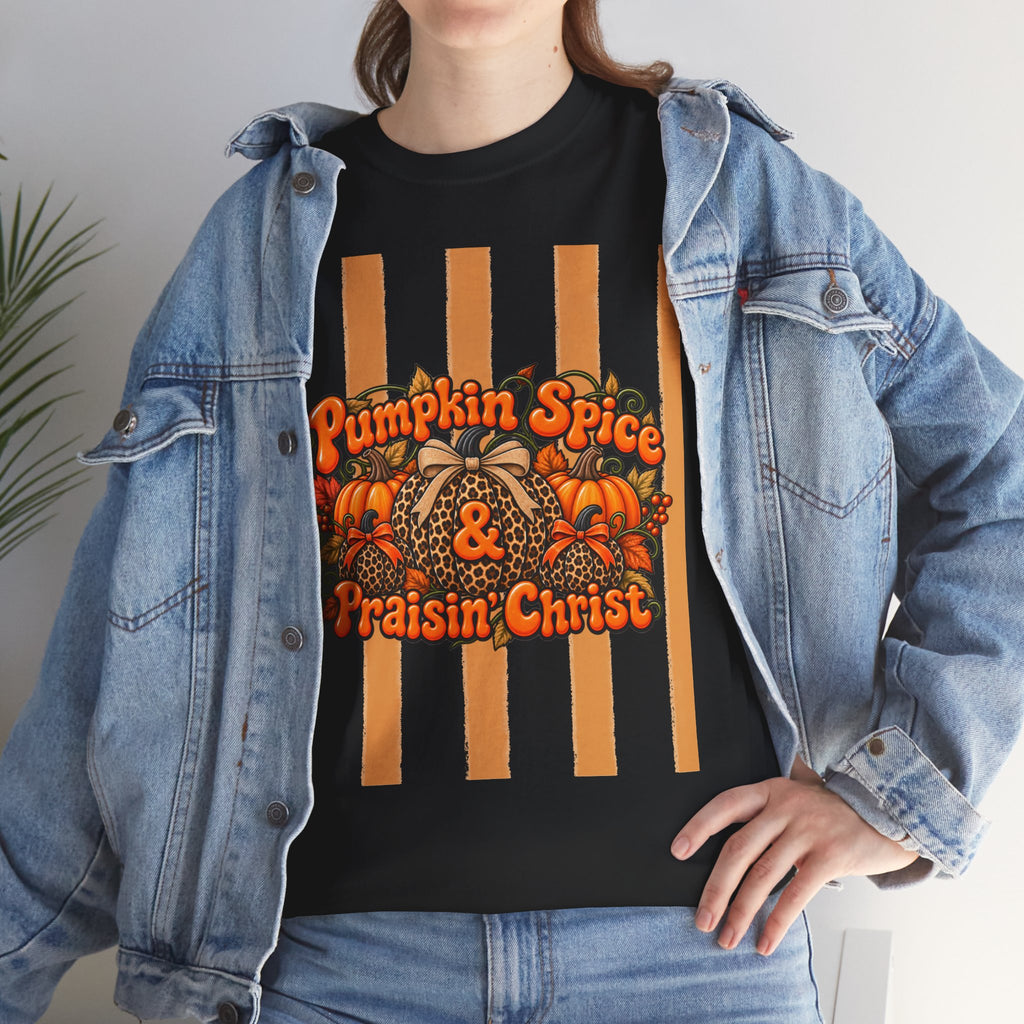 Pumpkin Spice & Praisin' Christ Tee — Fall Christian Pumpkin Graphic T-Shirt