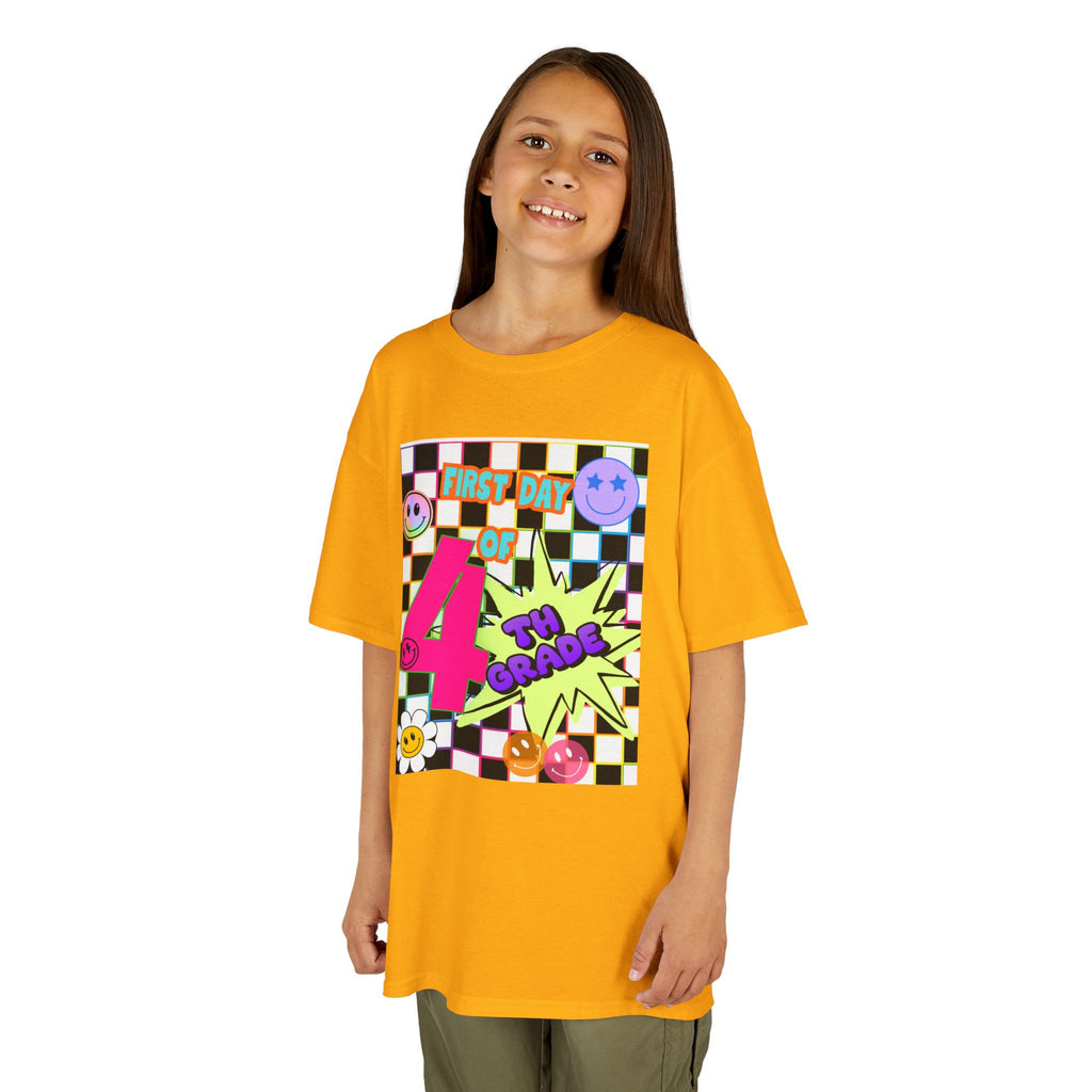 Kids 4th Grade First Day T-Shirt — Retro Checkerboard Neon Design