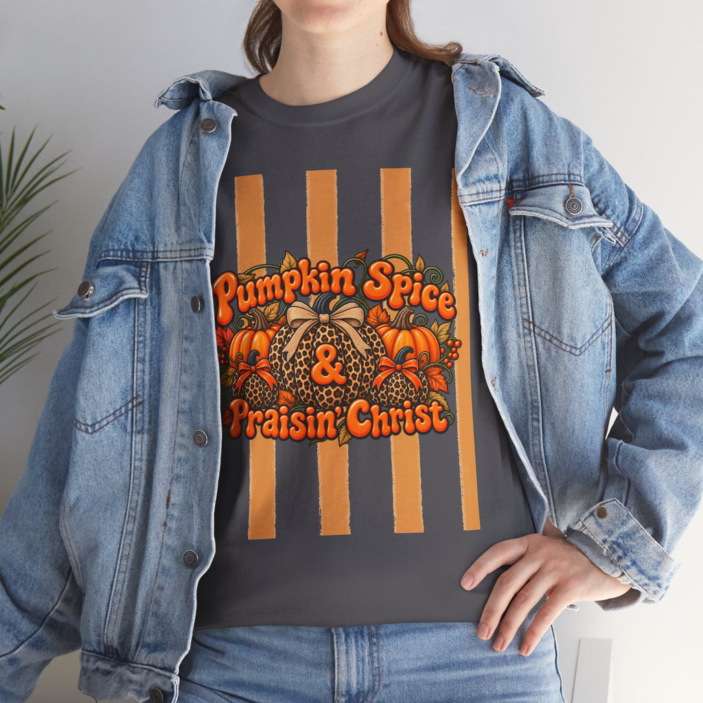 Pumpkin Spice & Praisin' Christ Tee — Fall Christian Pumpkin Graphic T-Shirt