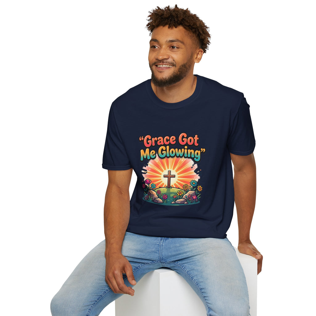T-Shirt — "Grace Got Me Glowing" Christian Retro Sunrise Faith Tee