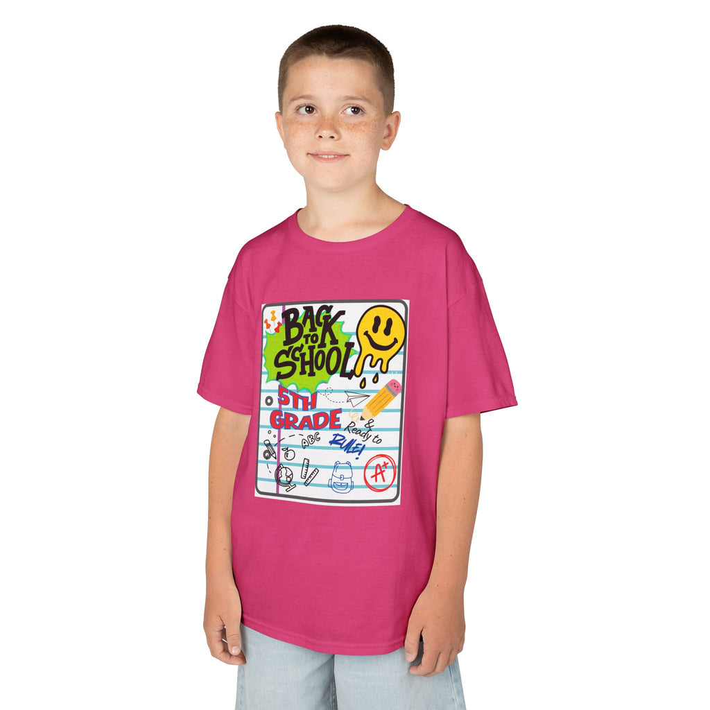 Kids "Back to School" Notebook Graphic Tee – 5th Grade Smiley Doodle Shirt
