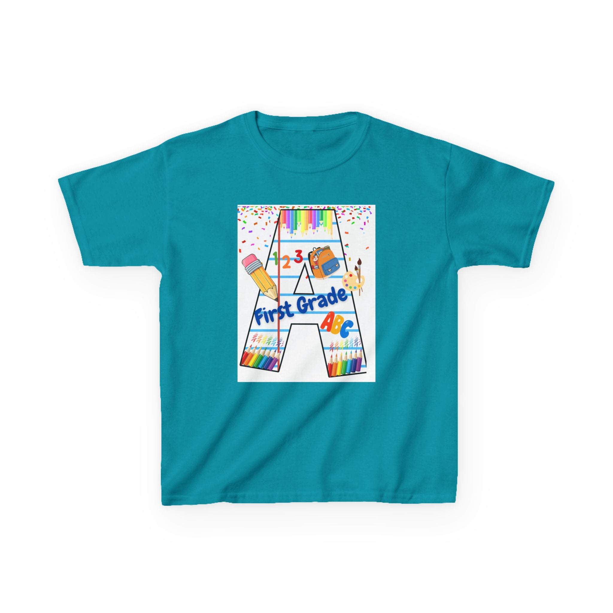 First Grade Kids Tee — Back to School A Monogram T-Shirt with Pencils & ABCs