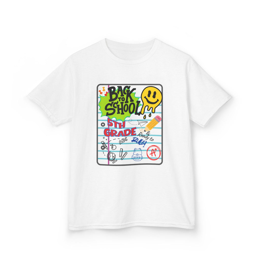 Kids "Back to School" Notebook Graphic Tee – 5th Grade Smiley Doodle Shirt