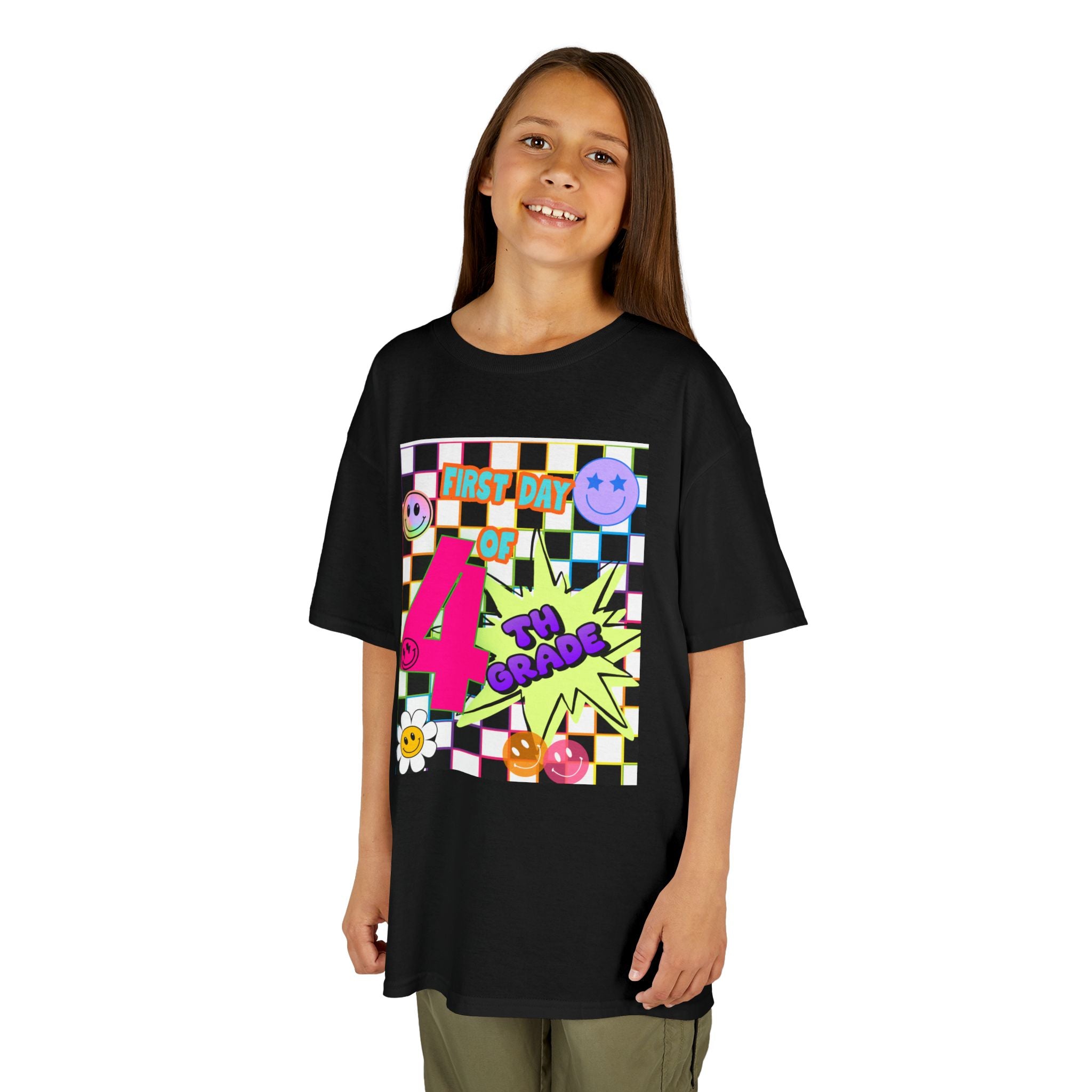 Kids 4th Grade First Day T-Shirt — Retro Checkerboard Neon Design