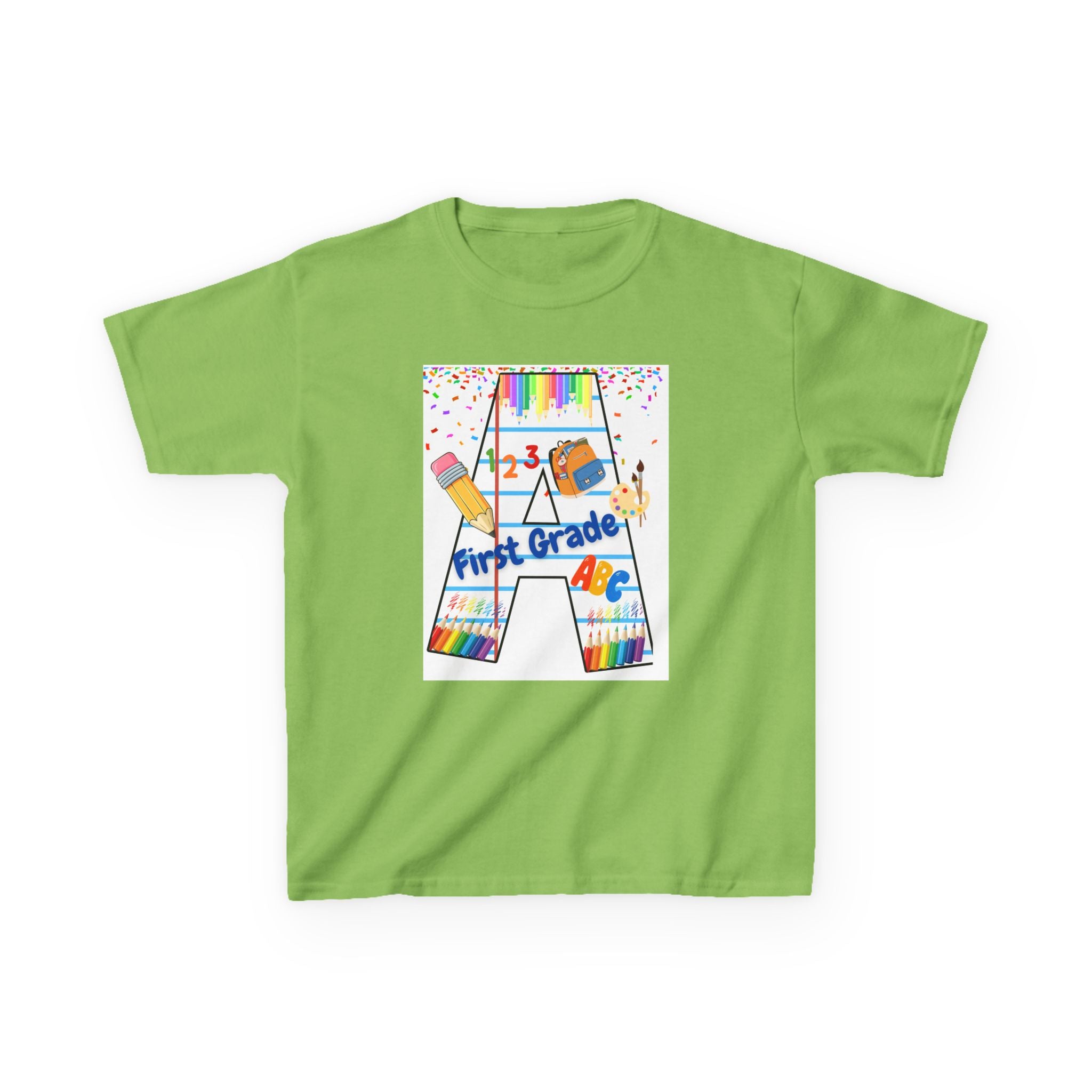 First Grade Kids Tee — Back to School A Monogram T-Shirt with Pencils & ABCs