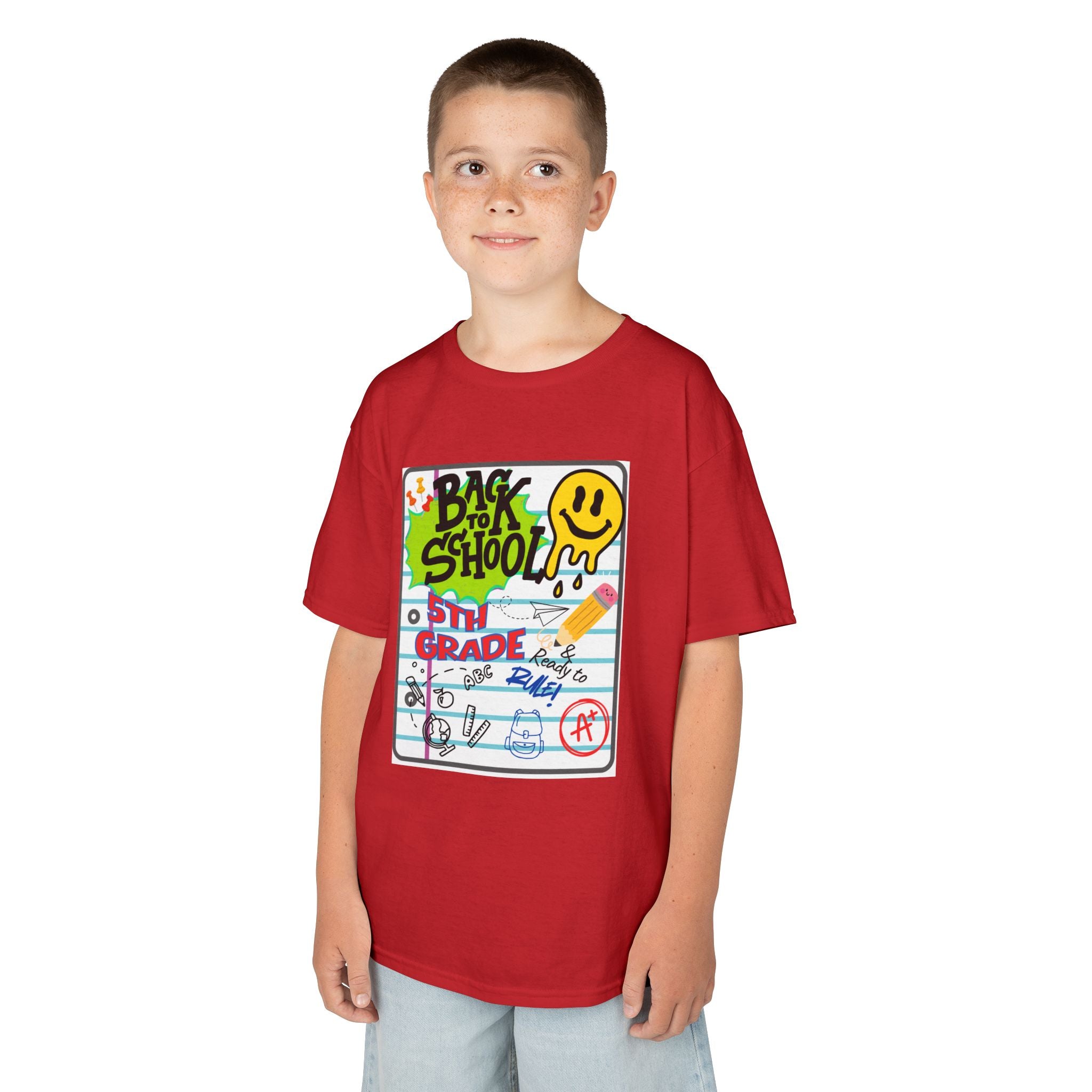 Kids "Back to School" Notebook Graphic Tee – 5th Grade Smiley Doodle Shirt