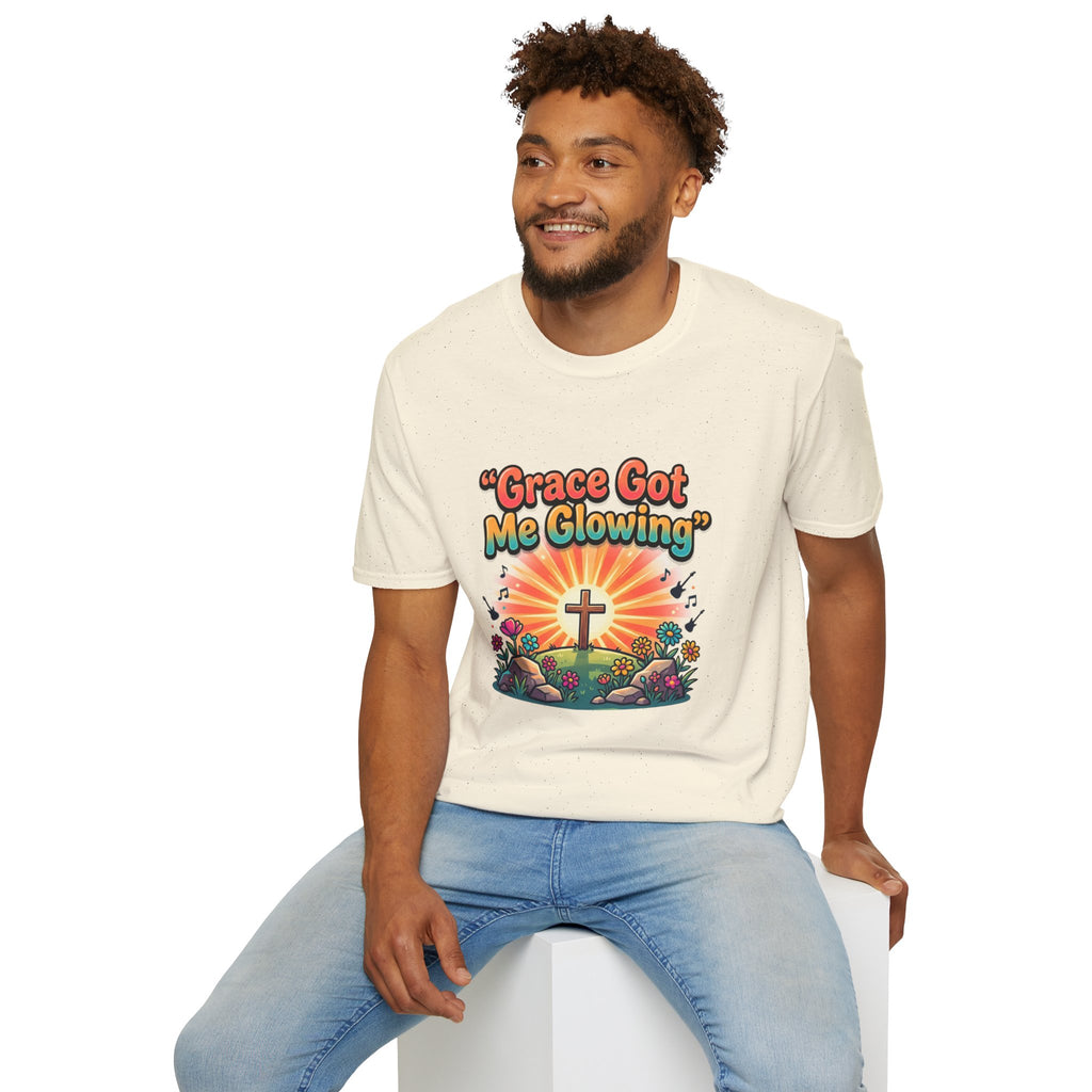 T-Shirt — "Grace Got Me Glowing" Christian Retro Sunrise Faith Tee