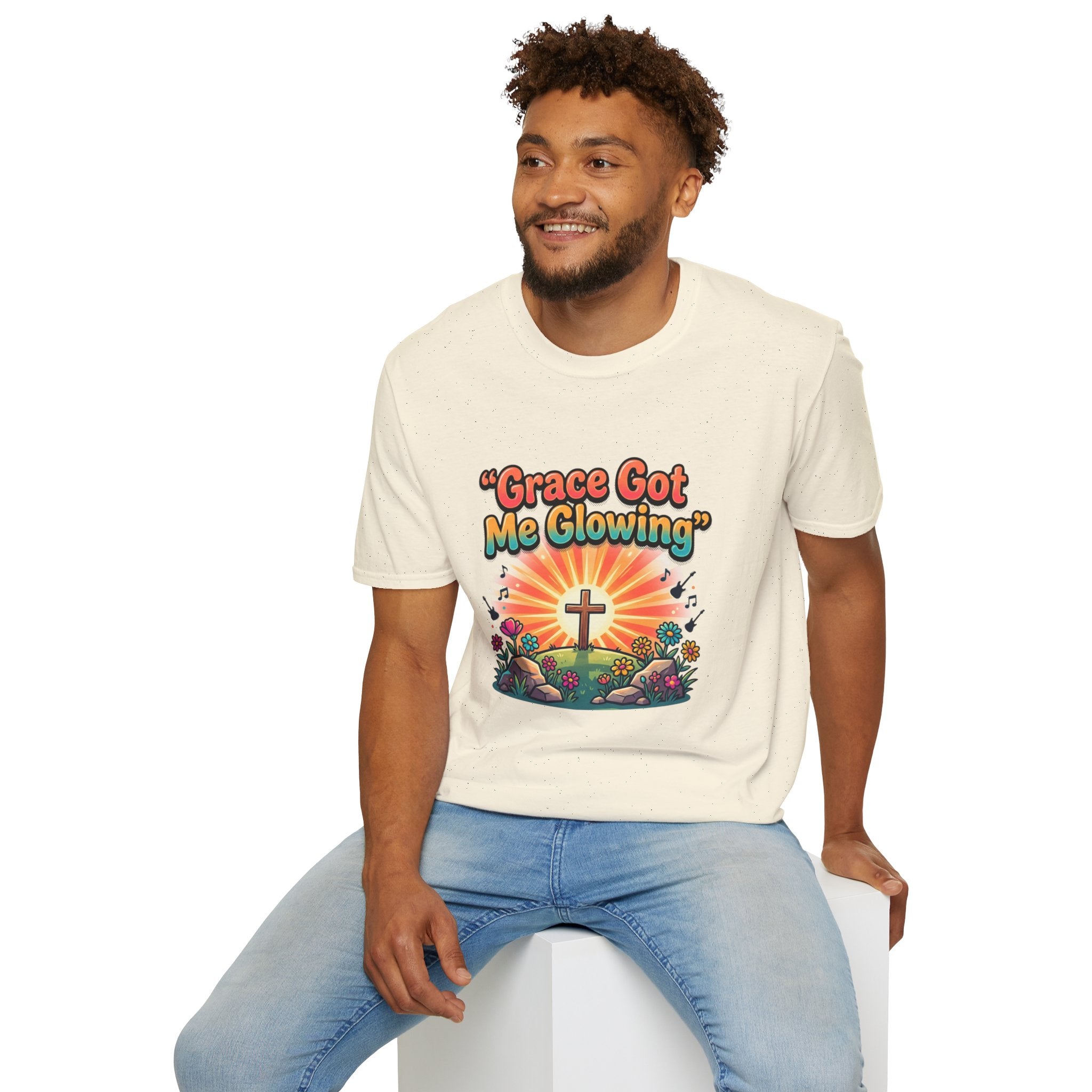 T-Shirt — "Grace Got Me Glowing" Christian Retro Sunrise Faith Tee