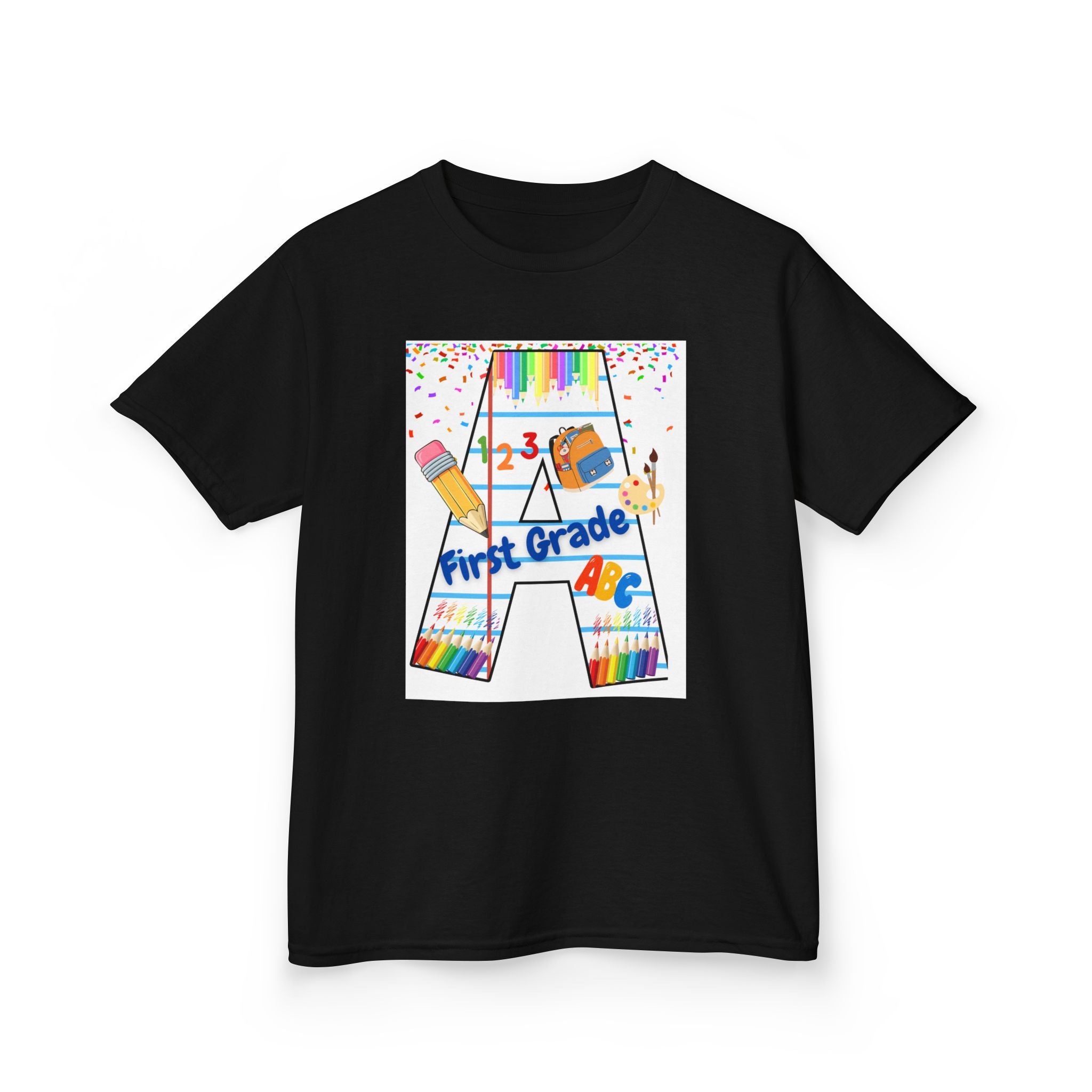 First Grade Kids Tee — Back to School A Monogram T-Shirt with Pencils & ABCs