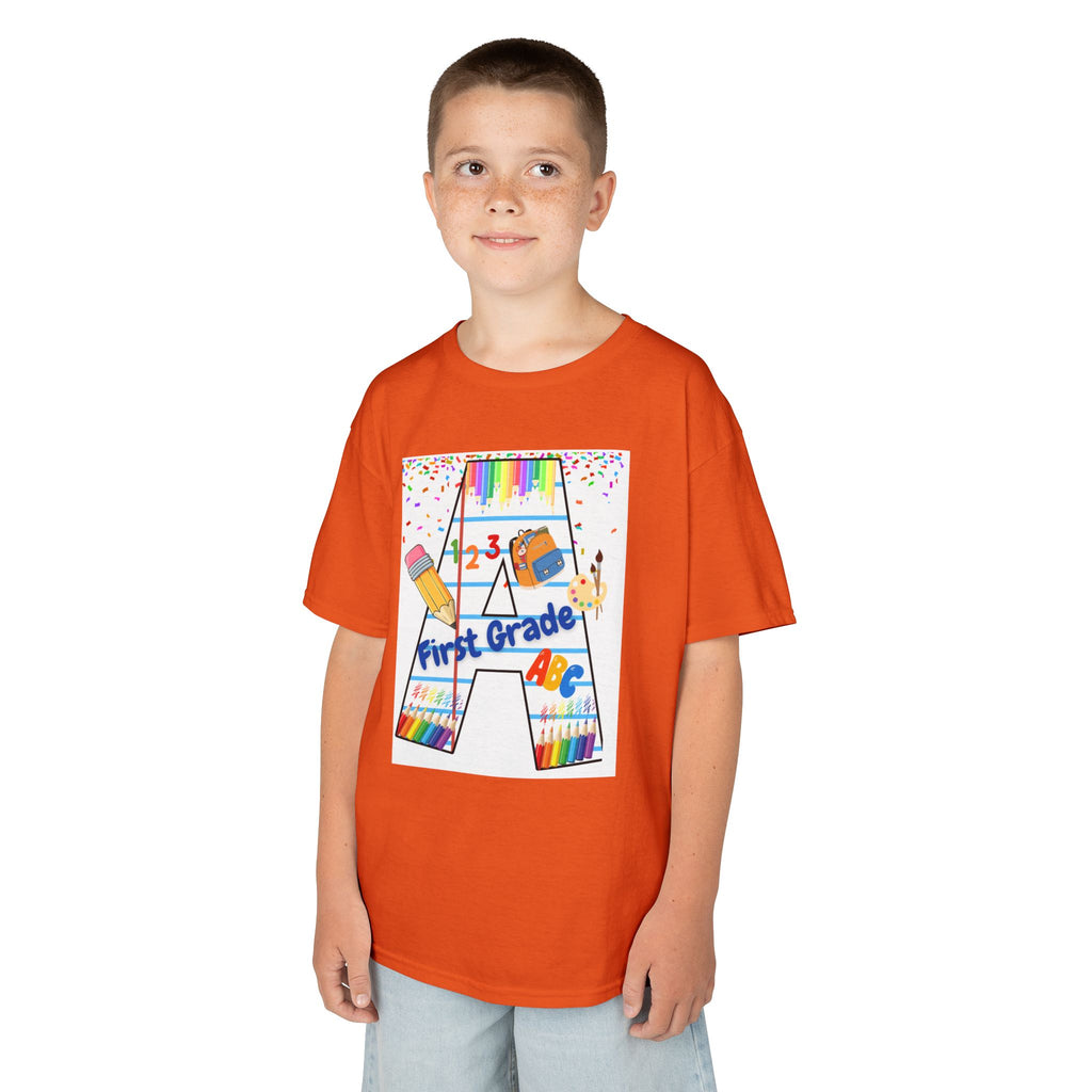 First Grade Kids Tee — Back to School A Monogram T-Shirt with Pencils & ABCs