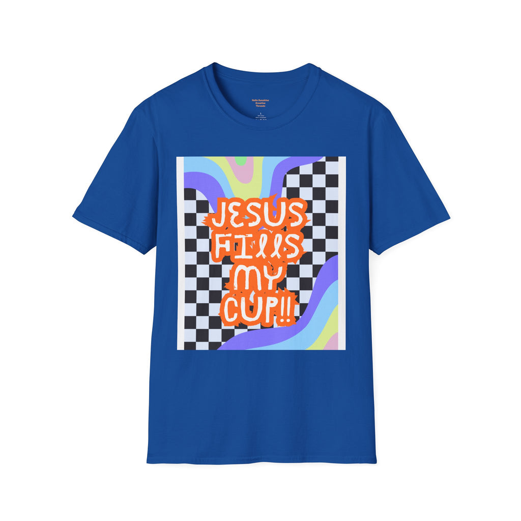 T-Shirt — "Jesus Fills My Cup" Retro Checkerboard Faith Tee