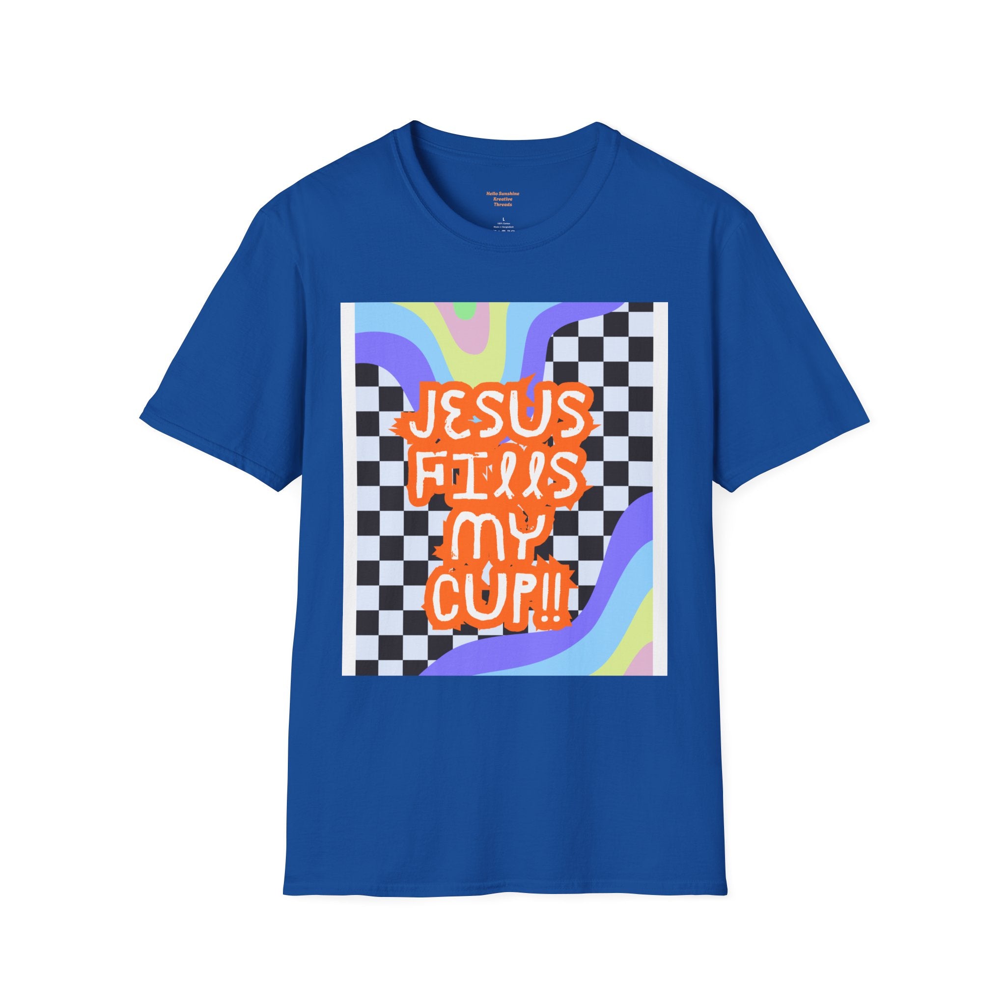 T-Shirt — "Jesus Fills My Cup" Retro Checkerboard Faith Tee
