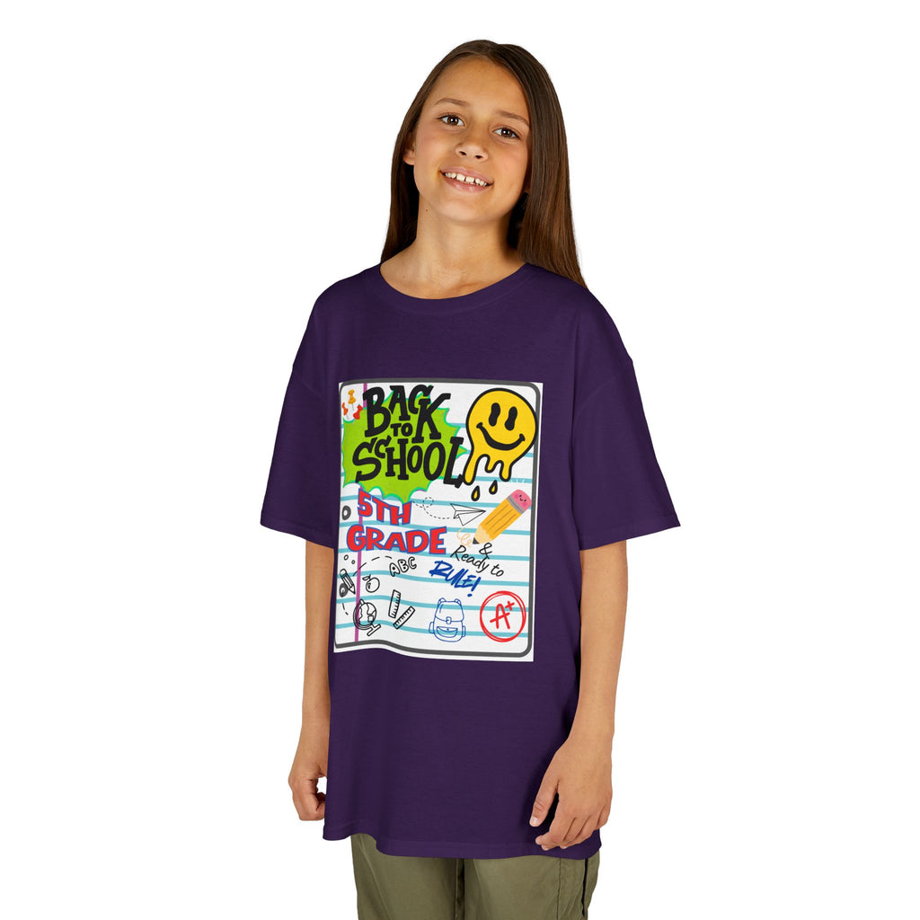 Kids "Back to School" Notebook Graphic Tee – 5th Grade Smiley Doodle Shirt