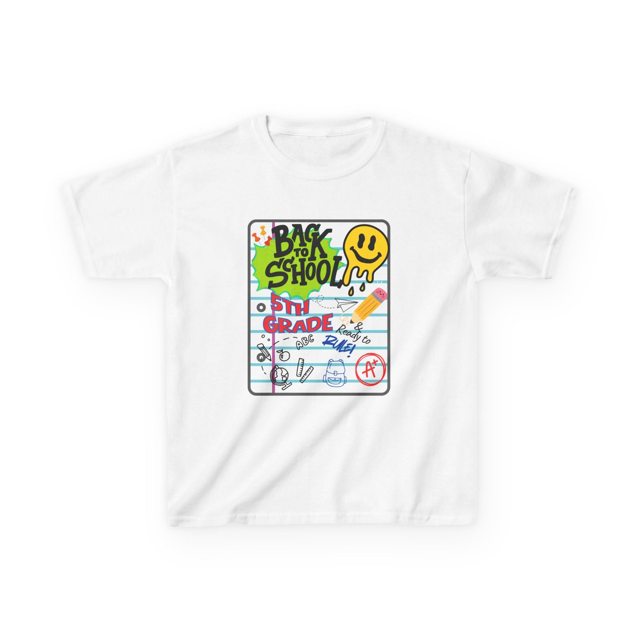 Kids "Back to School" Notebook Graphic Tee – 5th Grade Smiley Doodle Shirt