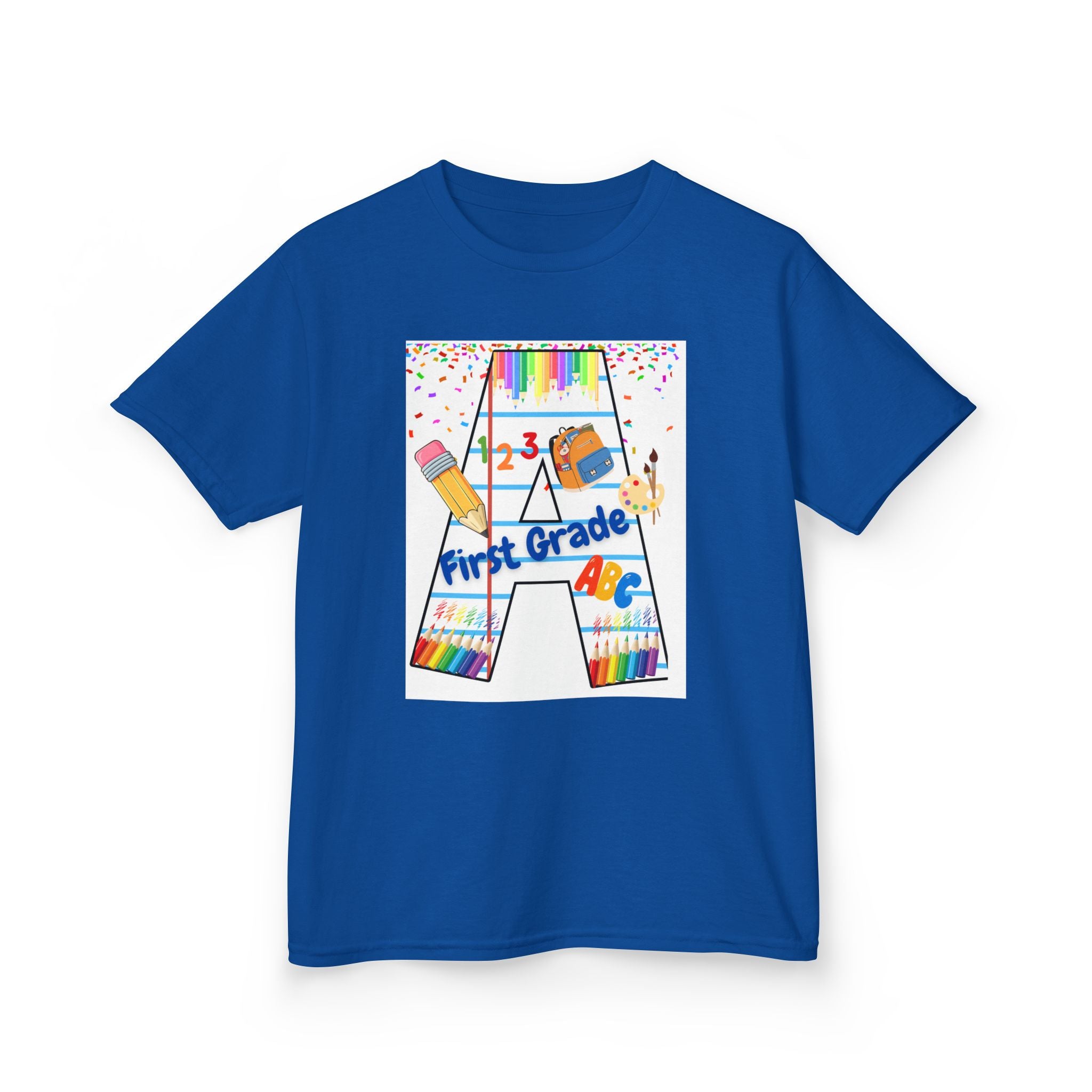 First Grade Kids Tee — Back to School A Monogram T-Shirt with Pencils & ABCs