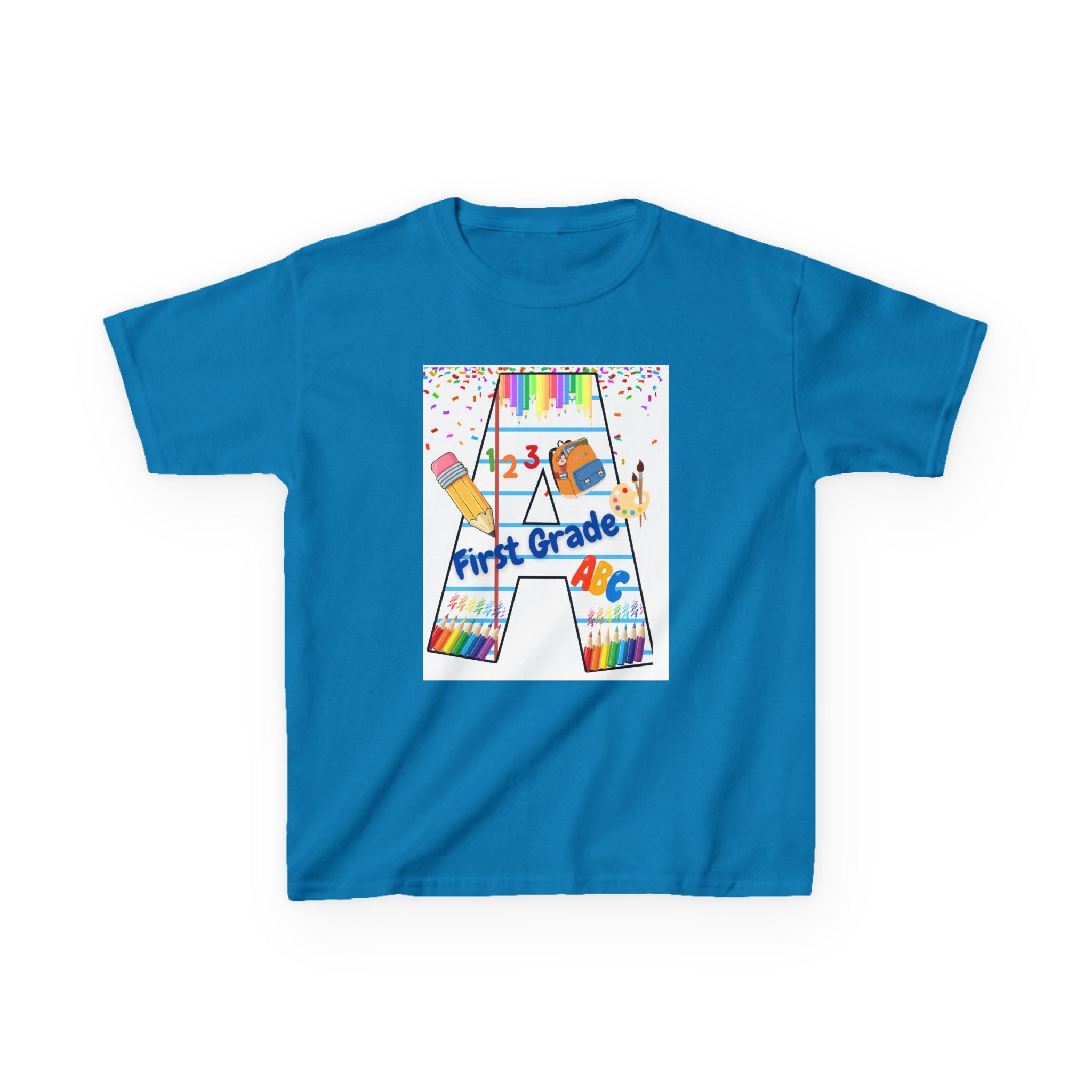 First Grade Kids Tee — Back to School A Monogram T-Shirt with Pencils & ABCs