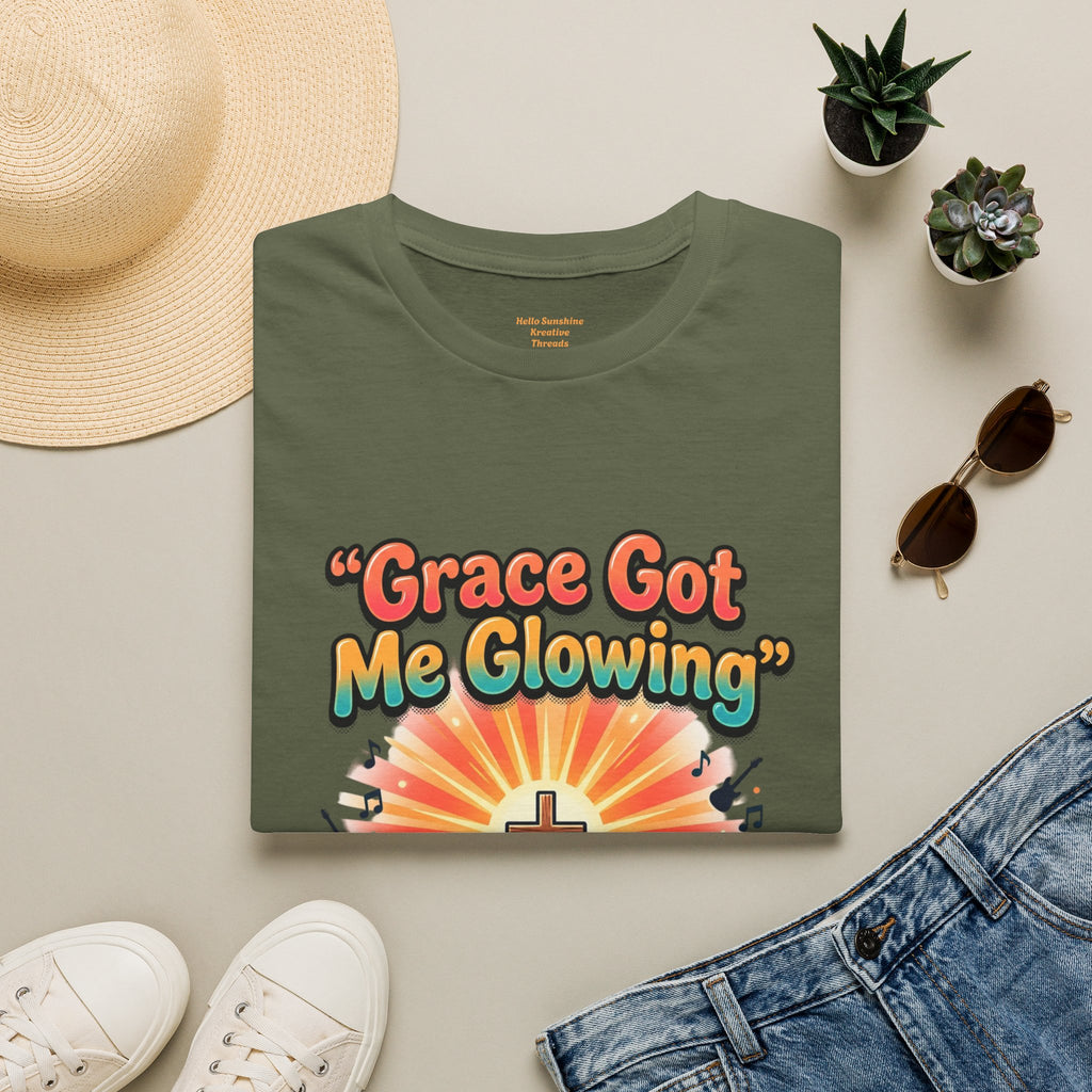 T-Shirt — "Grace Got Me Glowing" Christian Retro Sunrise Faith Tee