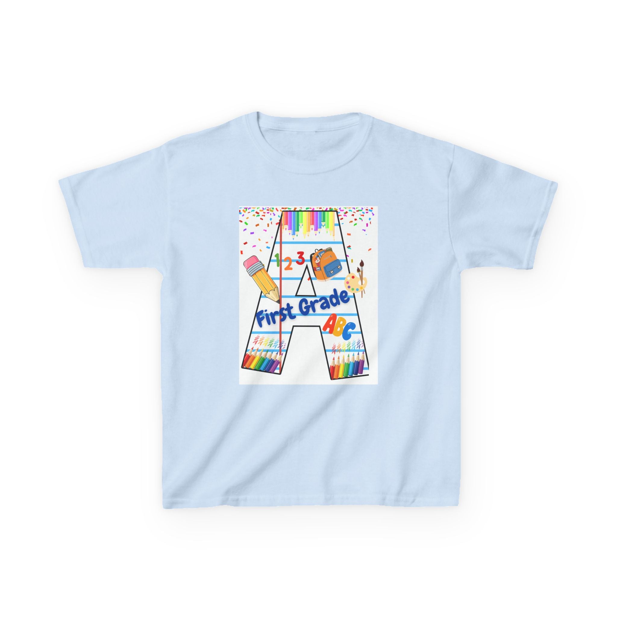 First Grade Kids Tee — Back to School A Monogram T-Shirt with Pencils & ABCs
