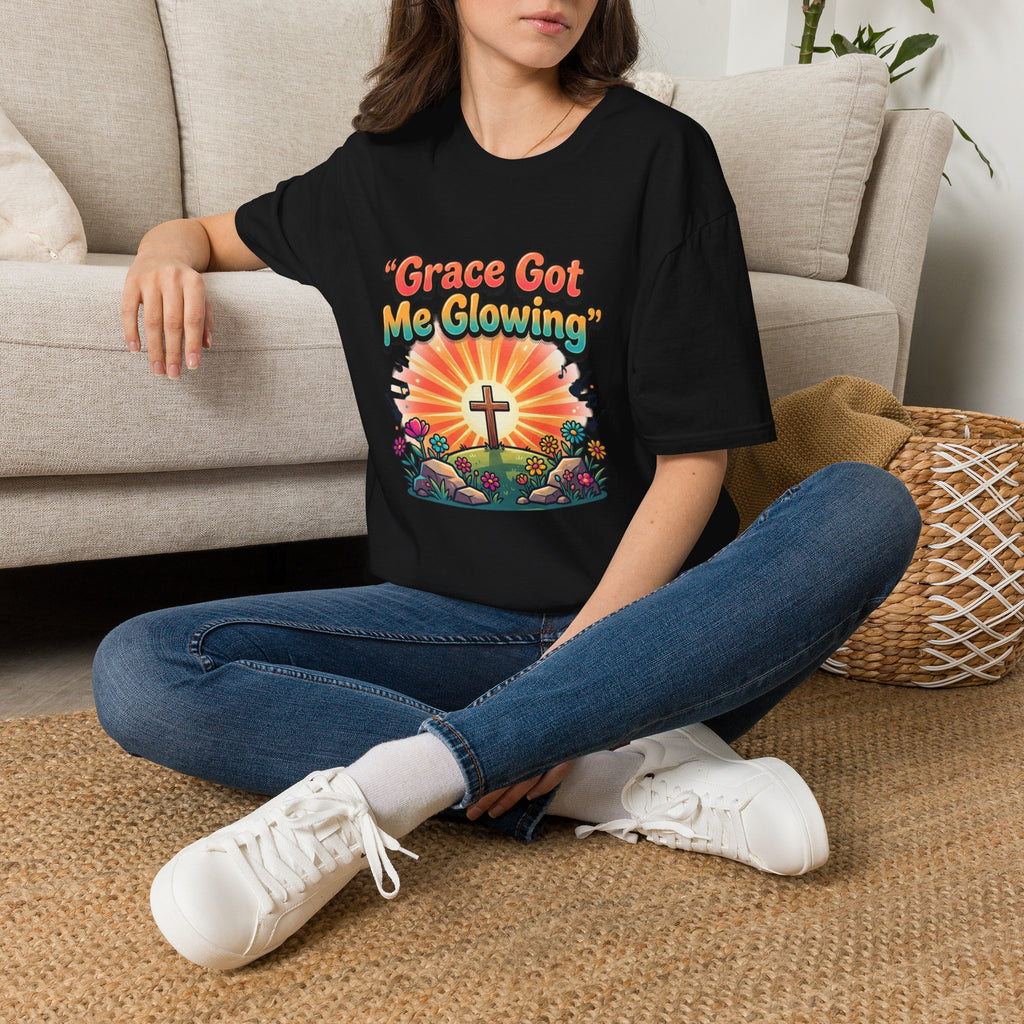 T-Shirt — "Grace Got Me Glowing" Christian Retro Sunrise Faith Tee