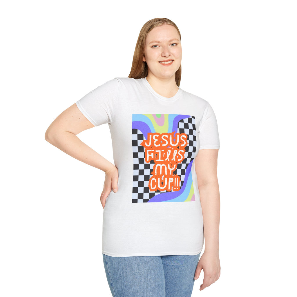T-Shirt — "Jesus Fills My Cup" Retro Checkerboard Faith Tee