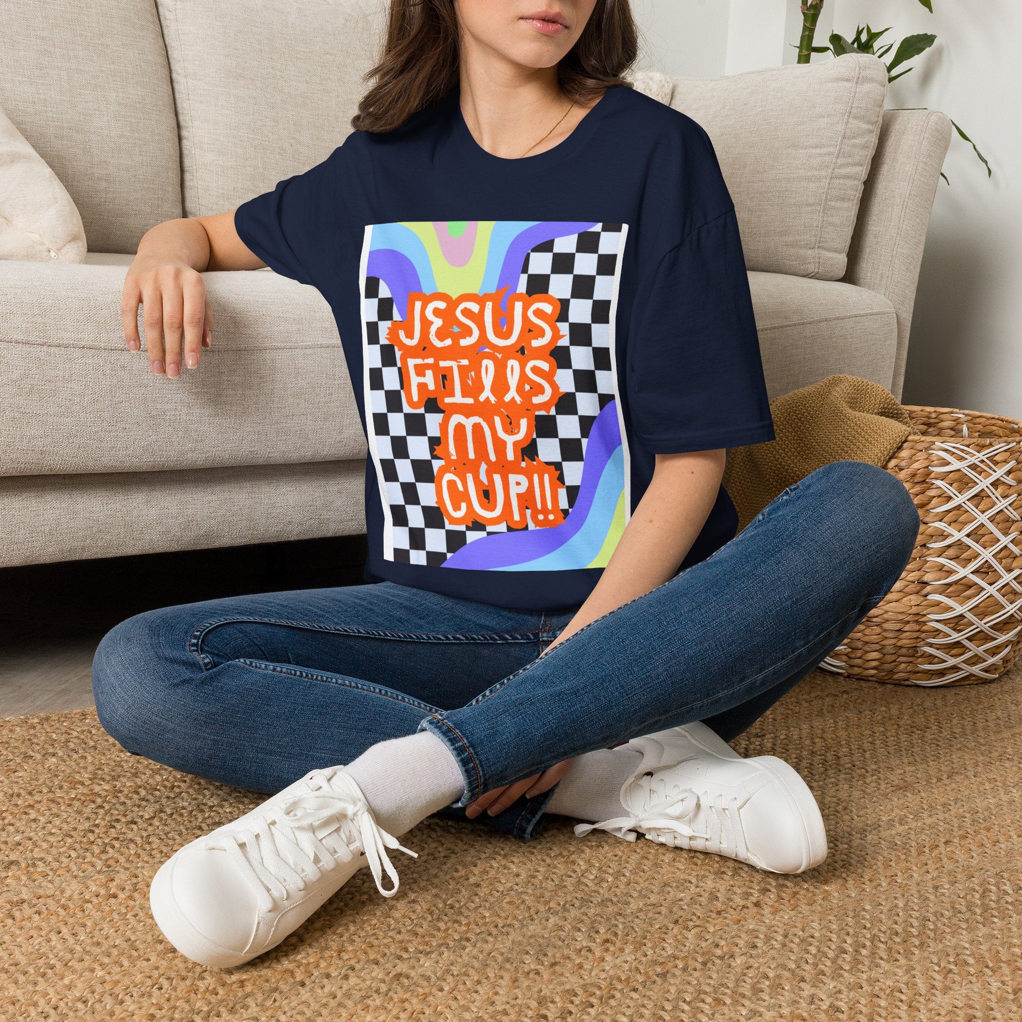 T-Shirt — "Jesus Fills My Cup" Retro Checkerboard Faith Tee