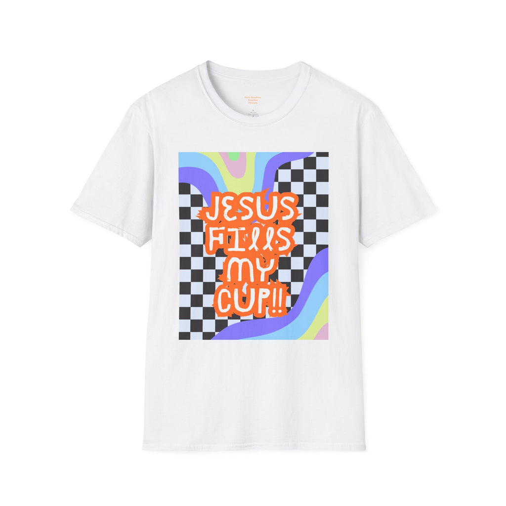 T-Shirt — "Jesus Fills My Cup" Retro Checkerboard Faith Tee