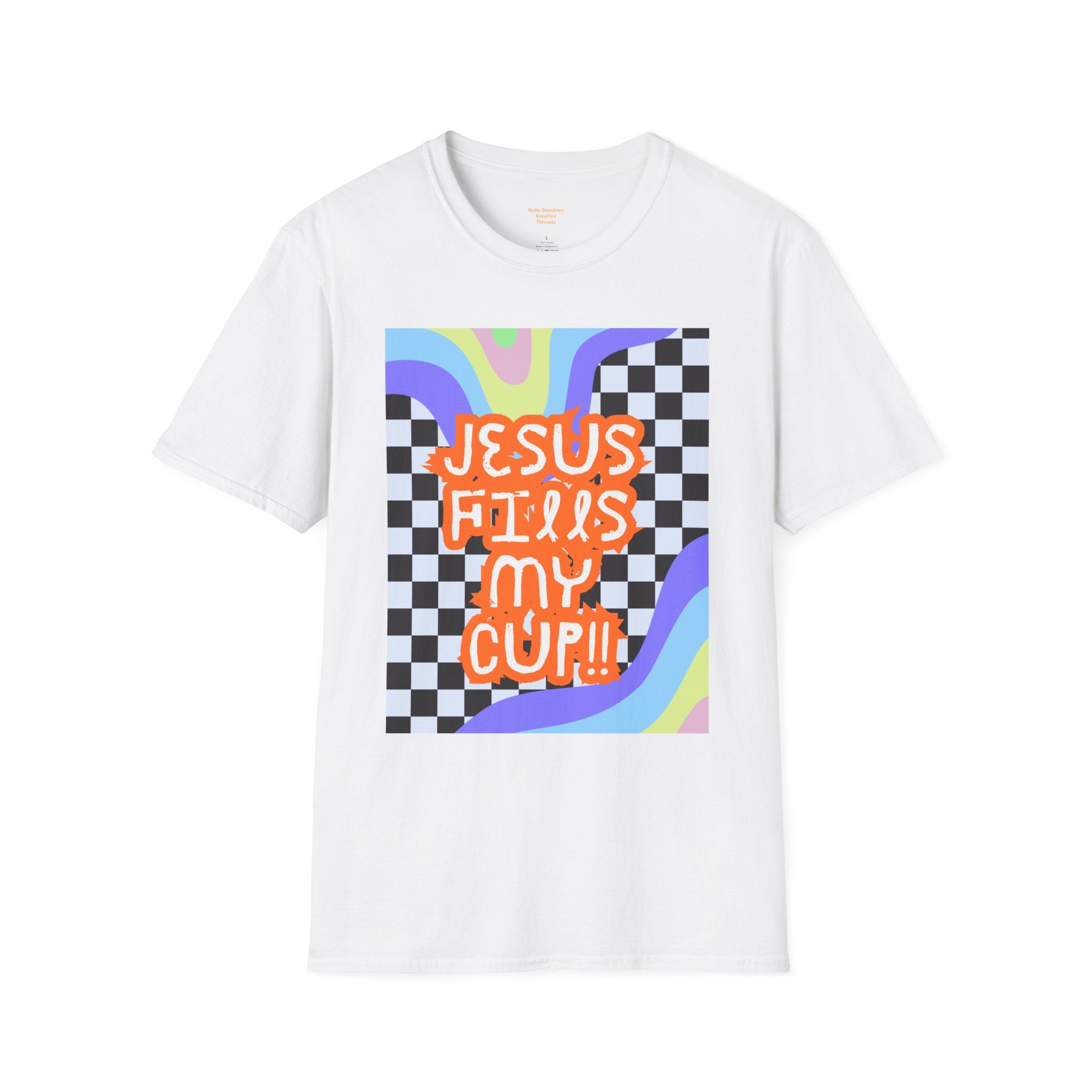 T-Shirt — "Jesus Fills My Cup" Retro Checkerboard Faith Tee